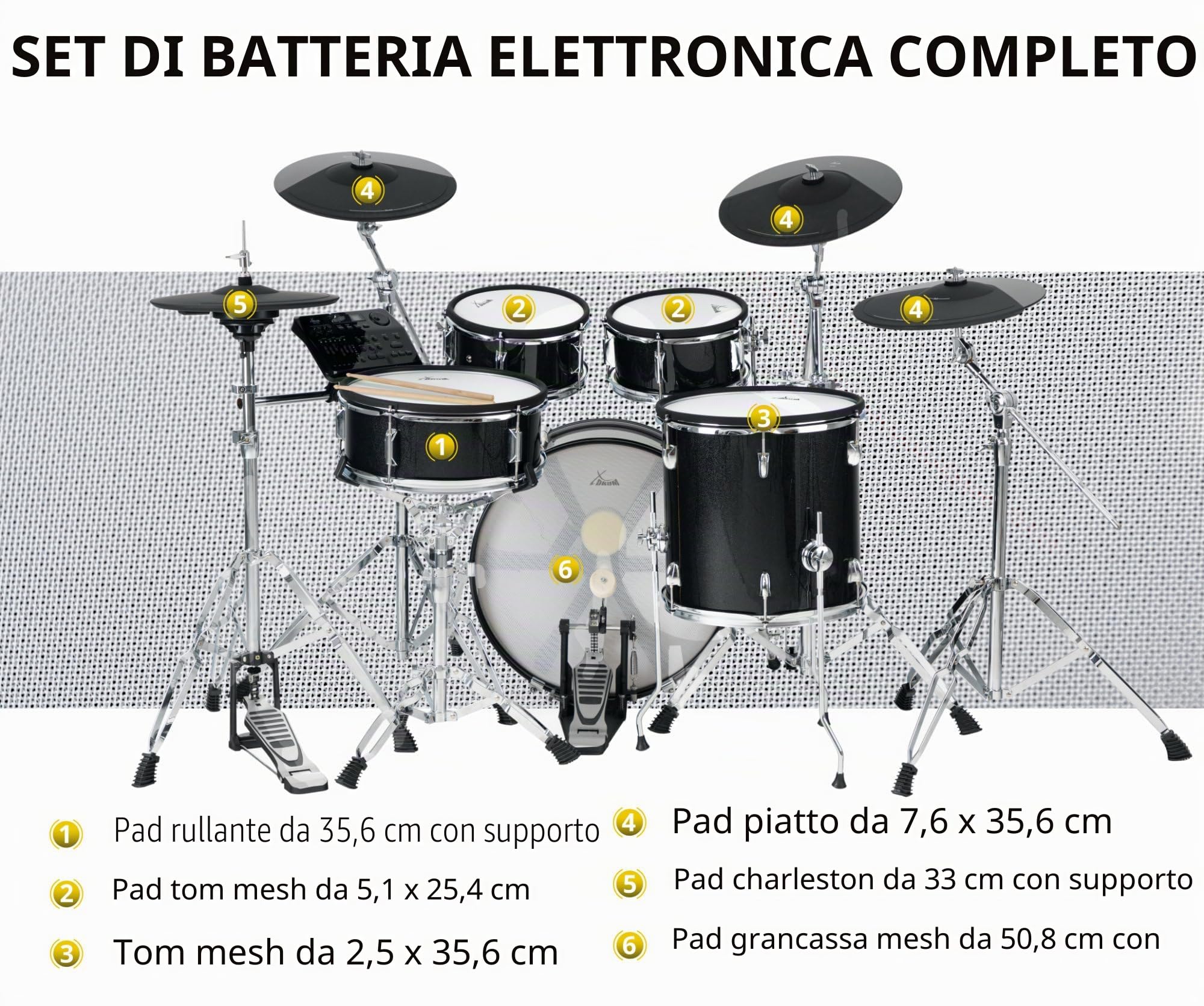 XDrum DD-670 Batteria elettronica mesh drum kit con vero hi-hat e gusci in legno - pad rullante 14" e kick pad da 20" - 720 suoni, 20 kit preimpostati e 20 kit utente - hardware incluso - Nero lucido