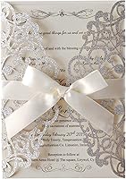 Vista 14 de Hosmsua - 50 tarjetas de invitación de boda con forma de rosa de encaje cortadas con láser y lazo con sobres para despedida de soltera, compromiso