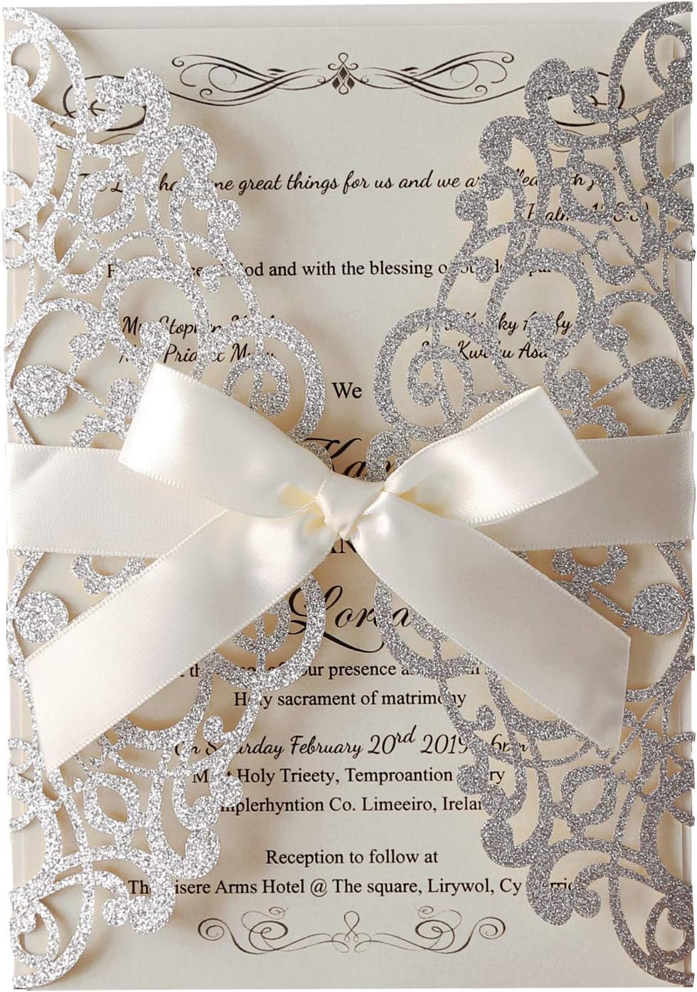Hosmsua 20x Laser Cut Lace Flora Wedding Invitation Cards with Ribbon Bow and Envelopes for Bridal Shower Engagement Birthday Graduation Party 20pcs (Sliver Glitter)