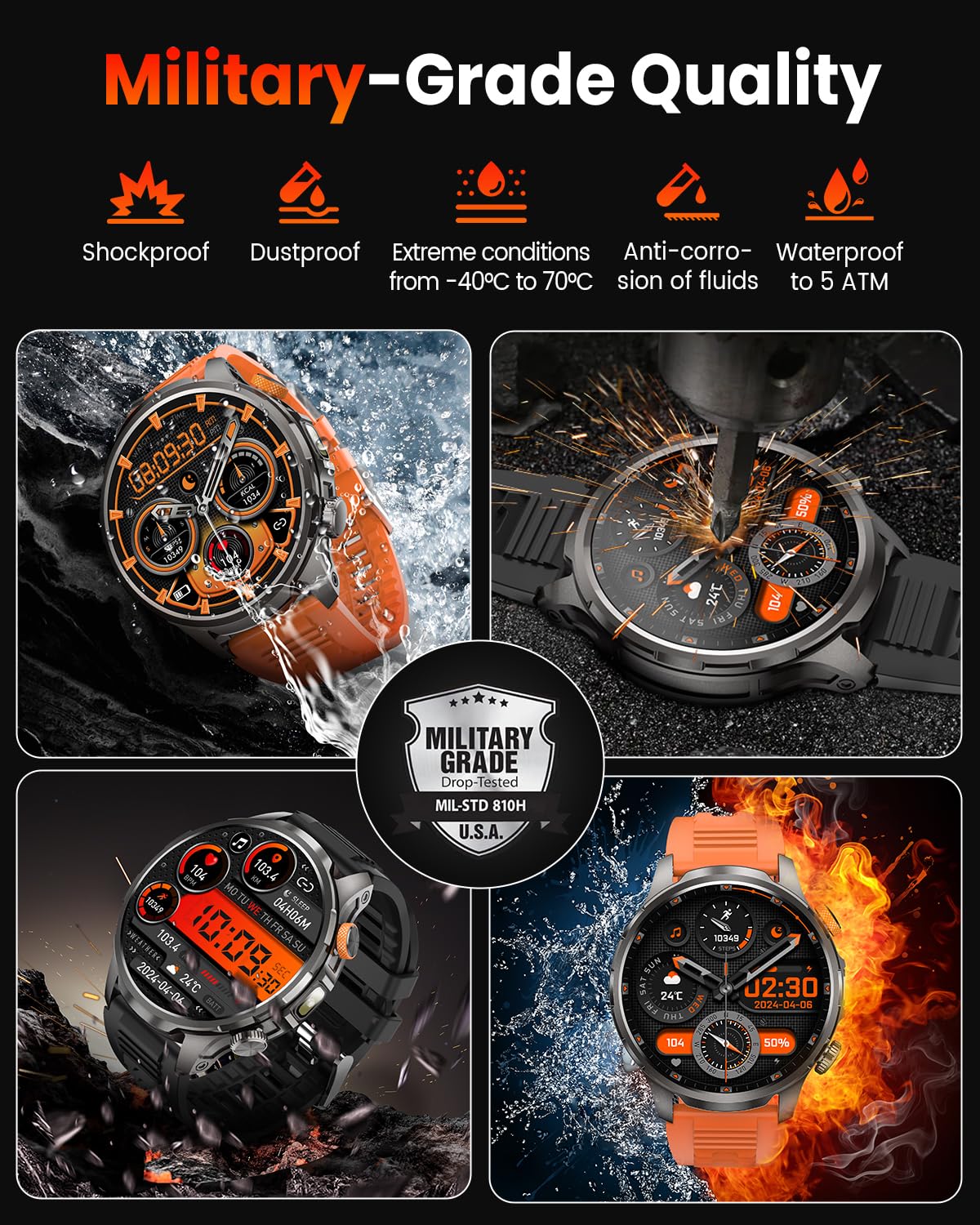 Reloj Inteligente Hombre con 1000mAh Batería y Linterna, 1.91" AMOLED, 5ATM Impermeable Smartwatch Militar con Llamadas, 113 Modes Sportifs, 24/7 Pulsómetro/Oxímetro/Sueño/Podomètre/Android iOS