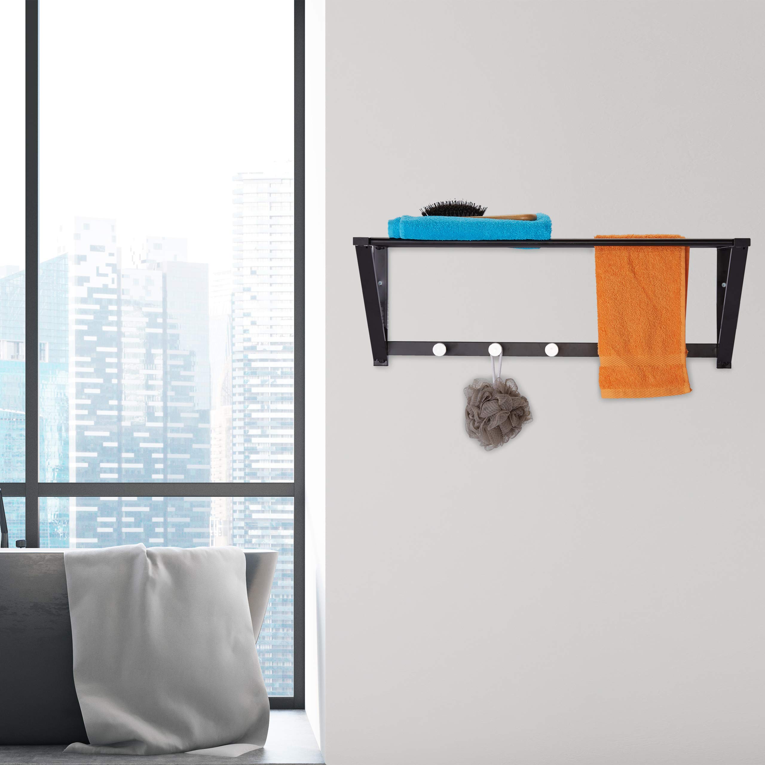 Relaxdays Perchero de Pared con Estante, Toallero con 5 Ganchos, Baño, Recibidor, Pasillo, Metal, 23 x 65 x 25 cm, Negro