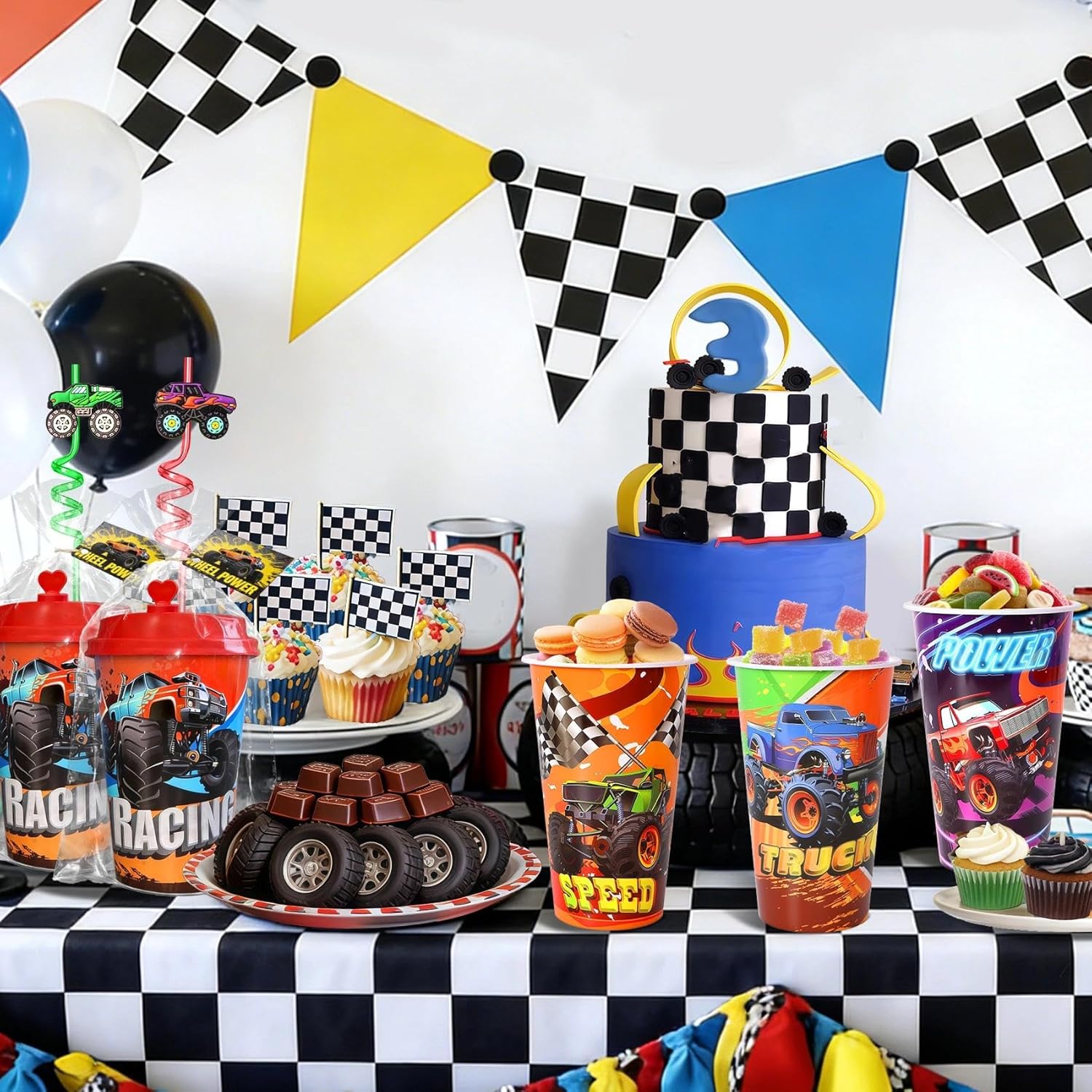 Lidmada 24 Sets Monster Truck Party Favors Cups with Lids and Straws for Mini Trucks Birthday Decorations Party Goodie Gift Bags Pinata Supplies