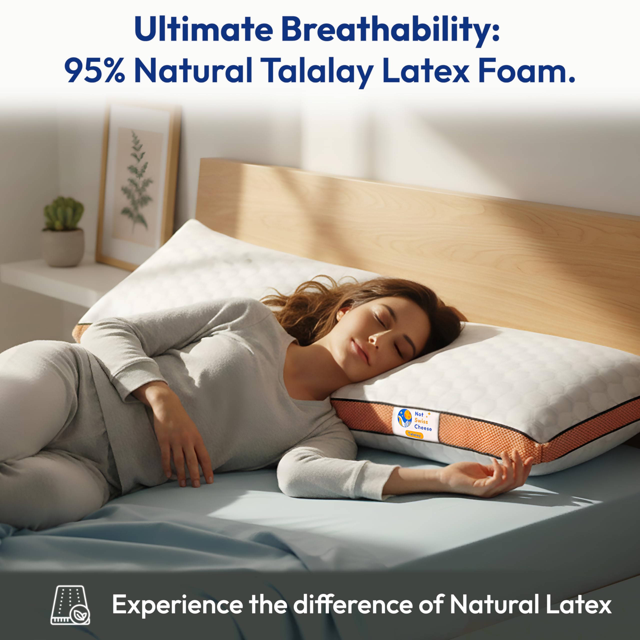 Almohada de Látex Talalay | Almohada Latex Natural Ergonómica y Transpirable | Soporte Cervical | Confort de Lujo Suave | Funda Lavable | Tamaño Queen | 27.5 x 15.7 x 5.9 in