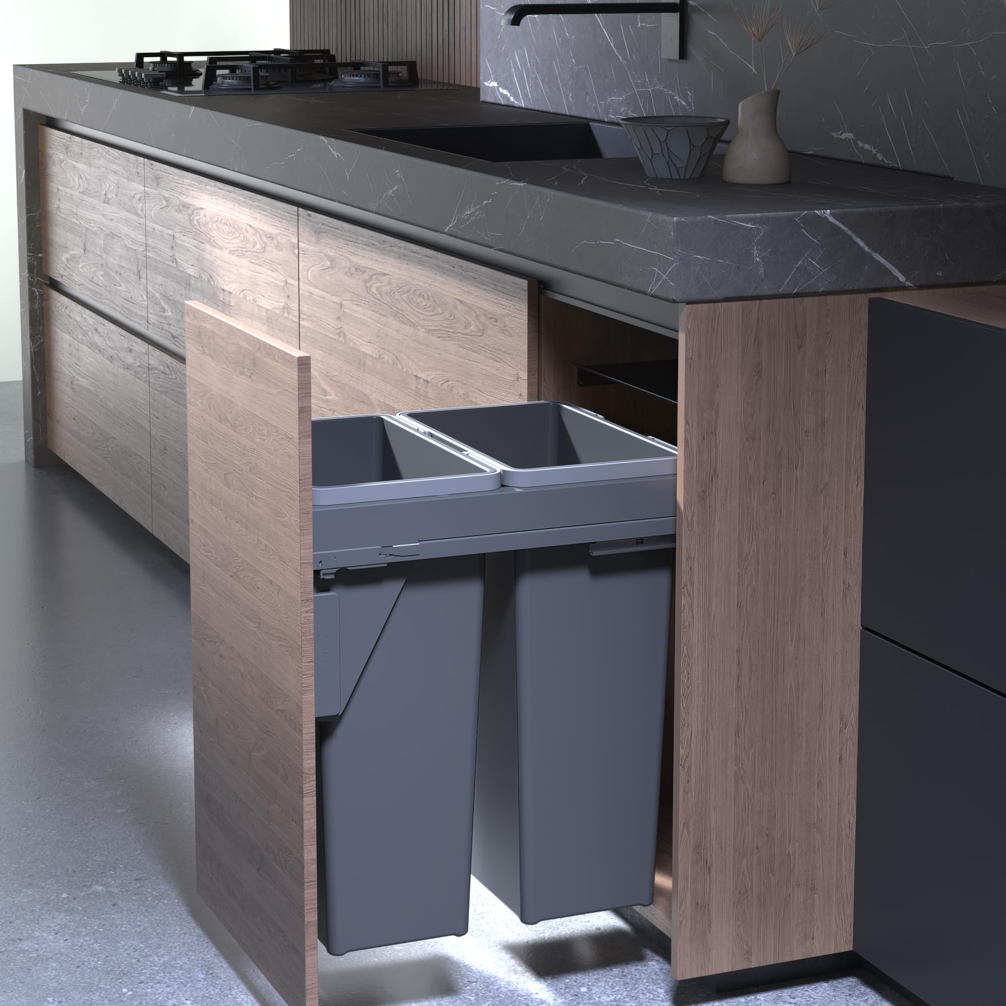 FittingsCo Under Counter Pull-Out Waste Bin โ 70L (2 x 35L), Side Mounted Soft Close, Fits 450mm Cabinet