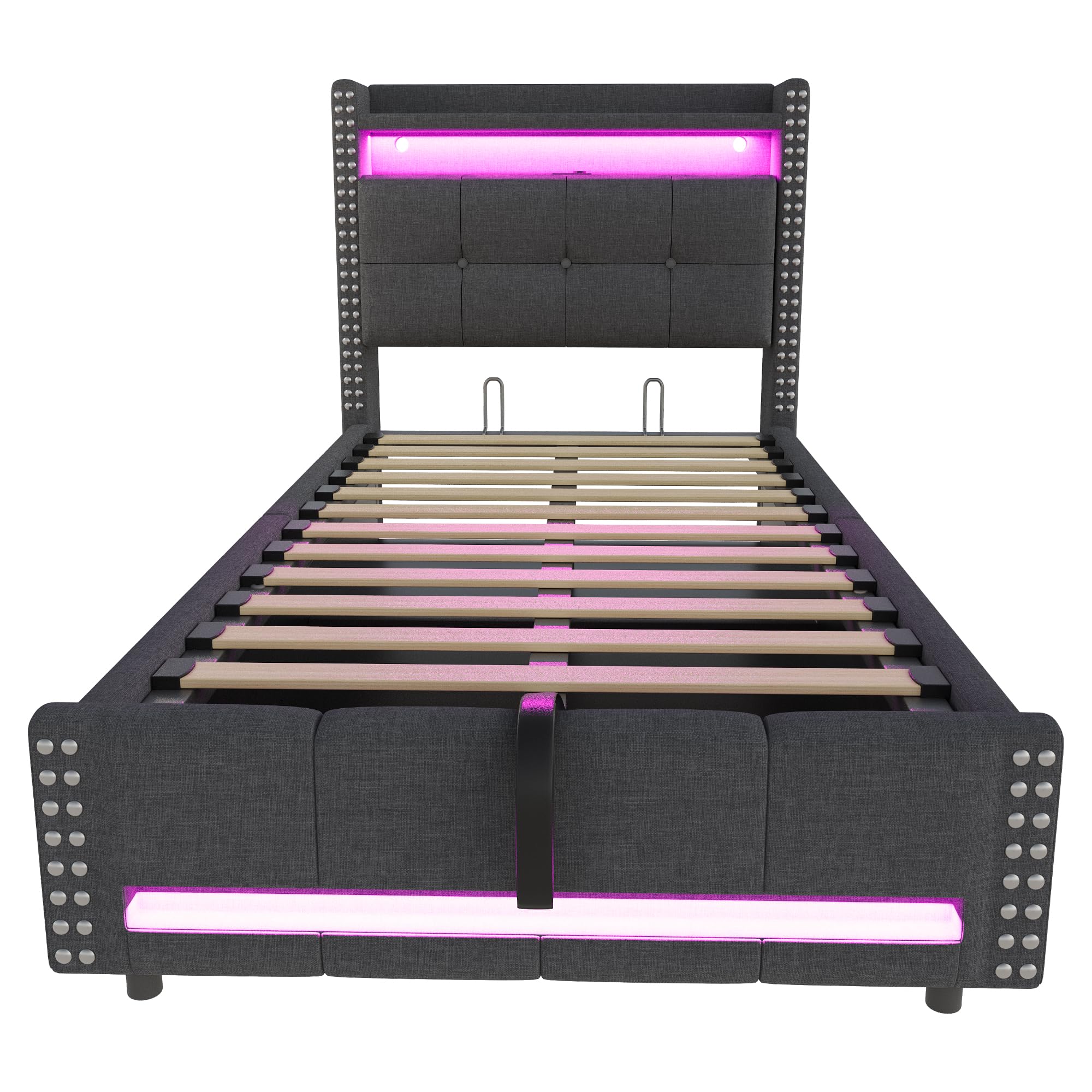 Rtopsu Kinderbett Polsterbett 90x200 cm, Jugendbett mit LED Beleuchtung und USB C, Einzelbett Stauraumbett mit Hydraulisch Stauraum, Bett Bettgestell mit Lattenrost aus Holz, Grau, Ohne Matratze