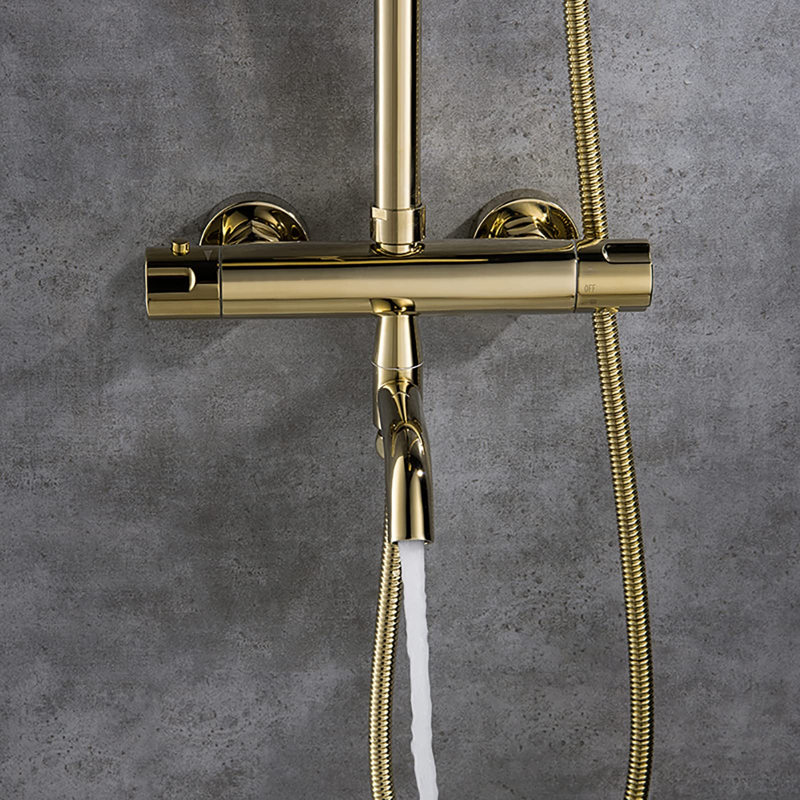 Zestaw prysznicowy Gold Shower System z termostatyczną baterią prysznicową 10 cali, zestaw prysznicowy z mieszaczem ściennym i wylewką wannową, okrągłą głowicą prysznicow