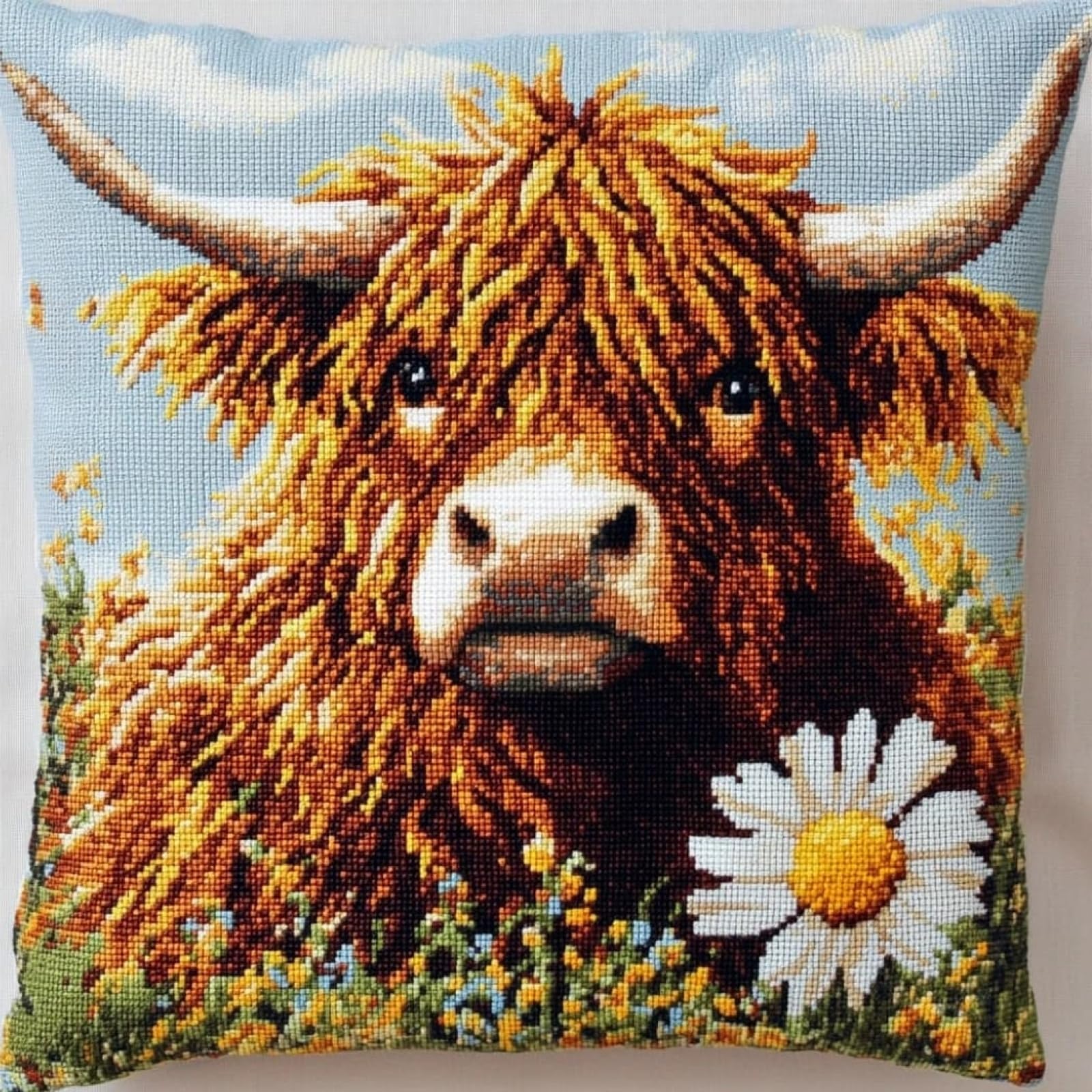 WallustrioaW Cross Stitch Embroidery Cushion Kits,Daisies and Highland Cattle Stitched Pillow Cover Kit for Adults Beginners 11ct Needlework Set Decoration 18x18in