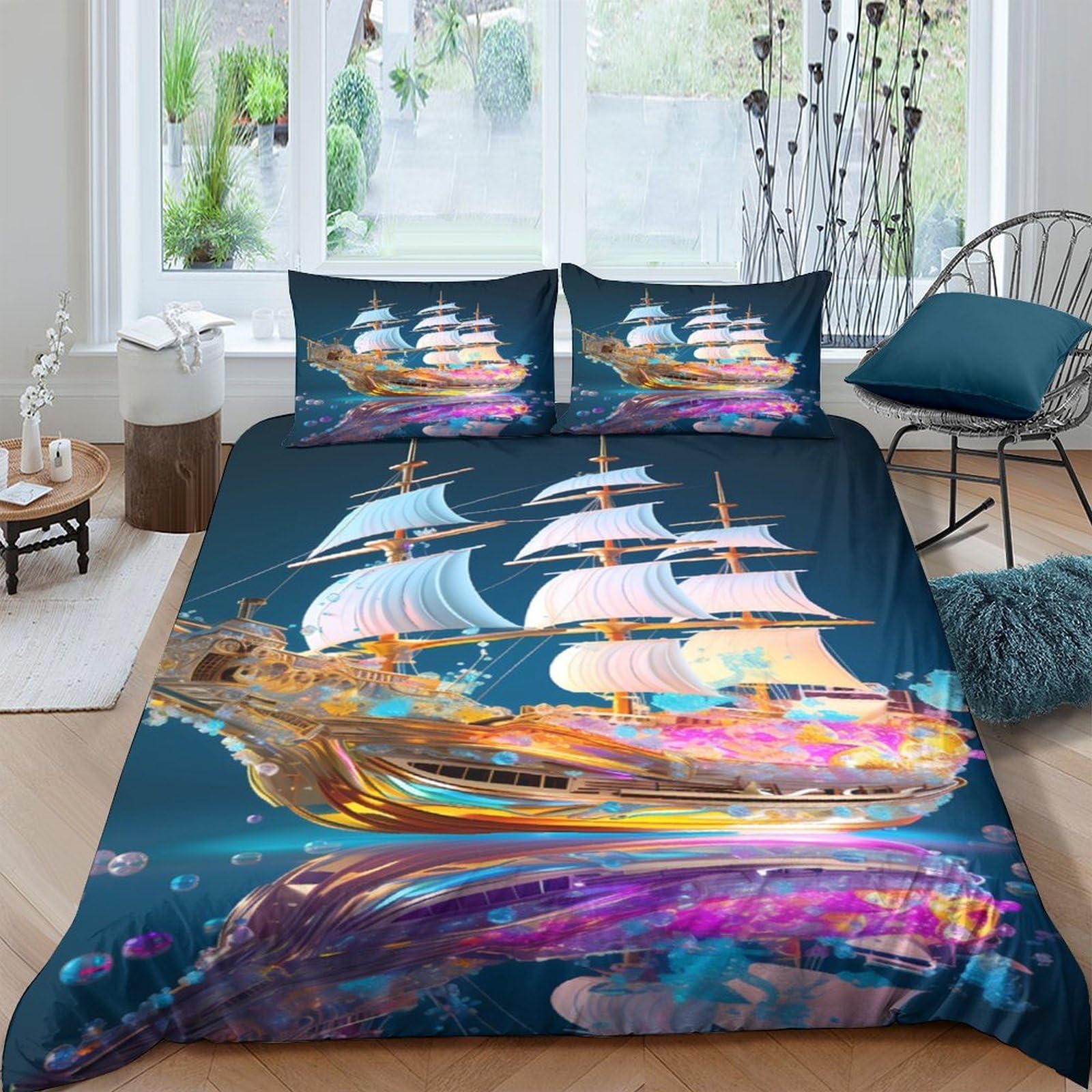 Ctjqhvkz Style-9 3D Printed Sailing Ship Ocean Fitted Sheet Microfiber Soft Mattress Cover For Bedroom Guest Room Decor Dustproof Single（135X200cm）