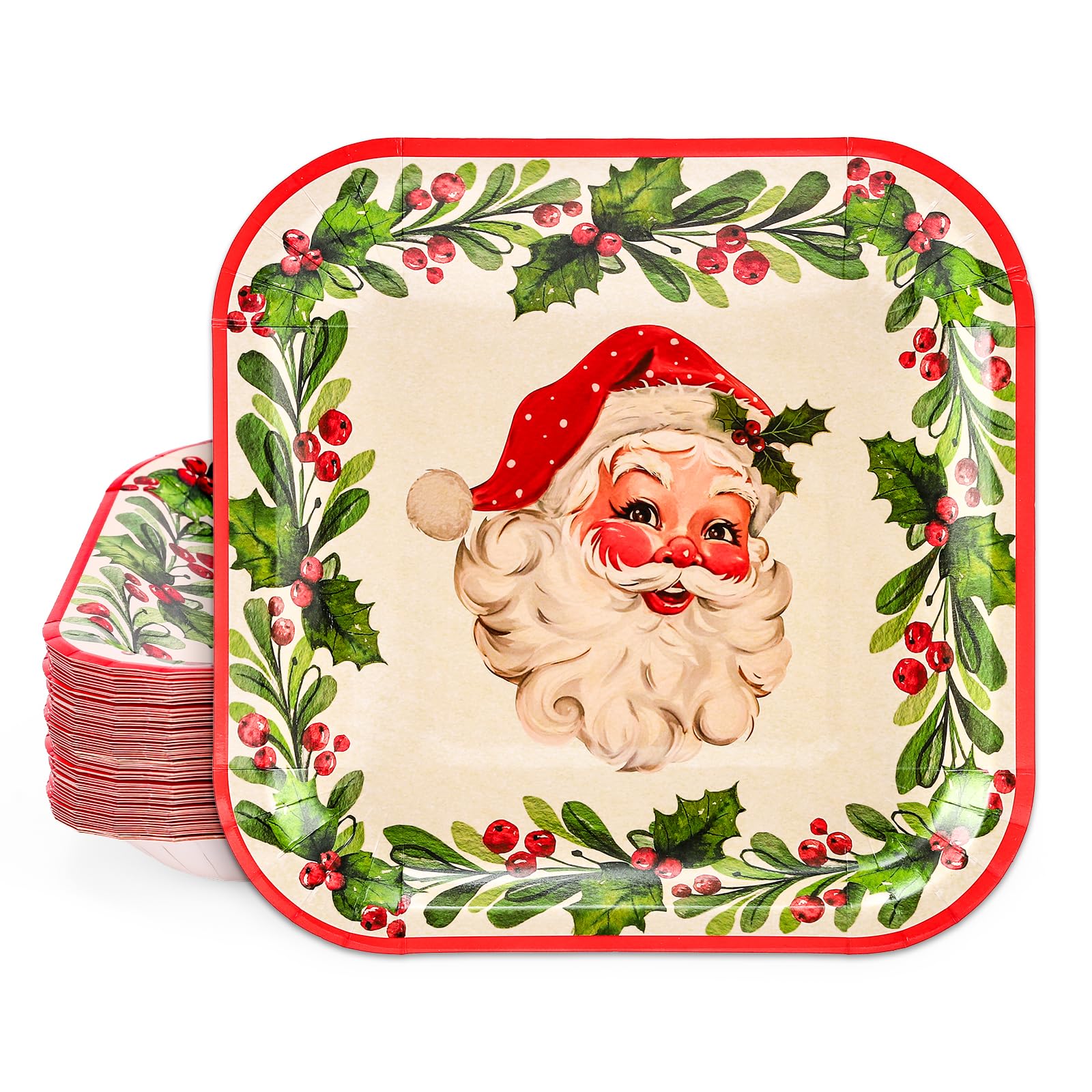 Whaline Christmas Paper Square Plates 40 Pieces Vintage Santa Claus Xmas Wreath Party Disposable Tableware Holiday Supplies for Home Kitchen Table