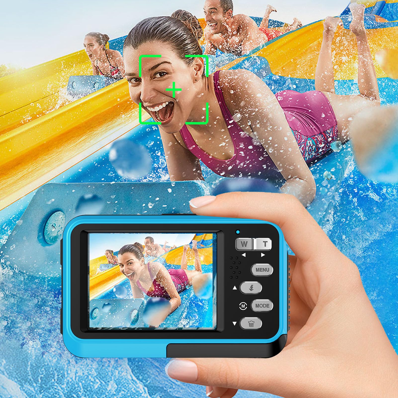 VBESTLIFE Fotocamera Subacquea 4K, Fotocamera Digitale Impermeabile a Doppio Schermo con Messa a Fuoco Automatica da 48 MP con Scheda da 32 GB e Luce di Riempimento per Snorkeling, Nuoto e (BLUE)