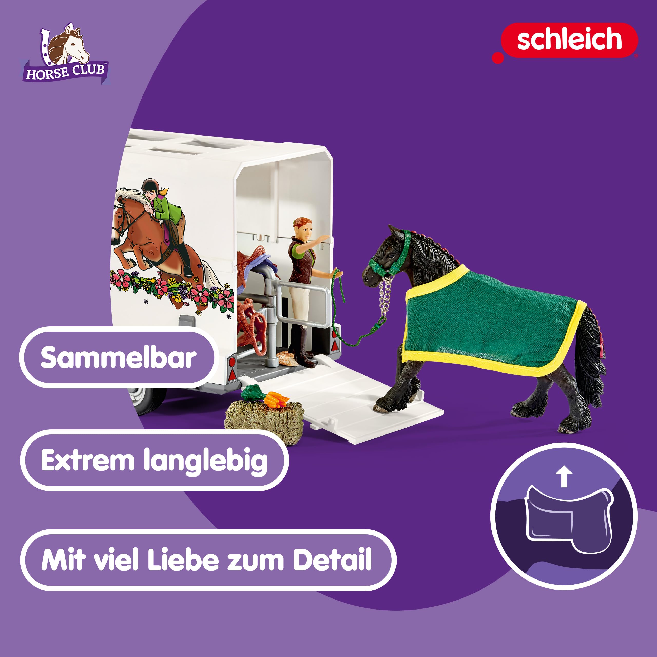Schleich Horse Club | Pick-up mit Pferdeanhänger 42346 | 38 Teile | Set inkl. Fahrzeug, Anhänger, Pferd, 2 menschliche Figuren & Zubehör | Pferdespielzeug & Geschenk für Kinder ab 5 Jahren