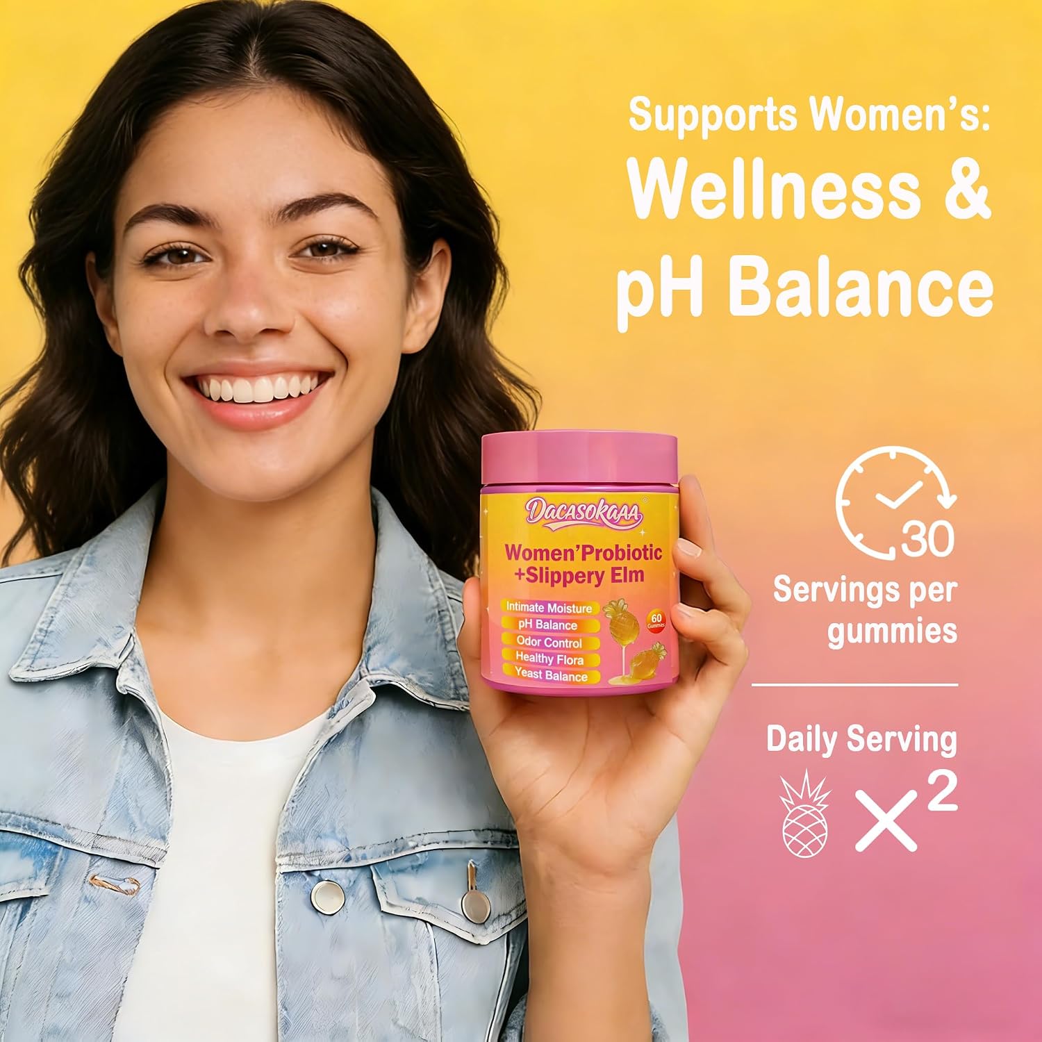 2 Pack - Her Juicy Feminine Probiotic Gummies for Women, Slippery Elm & Prebiotics Blend, Supports Uro & Vaginal Health, pH Balance, Gut Health & Immune Defense, Pineapple Flavor, 120 Gummies