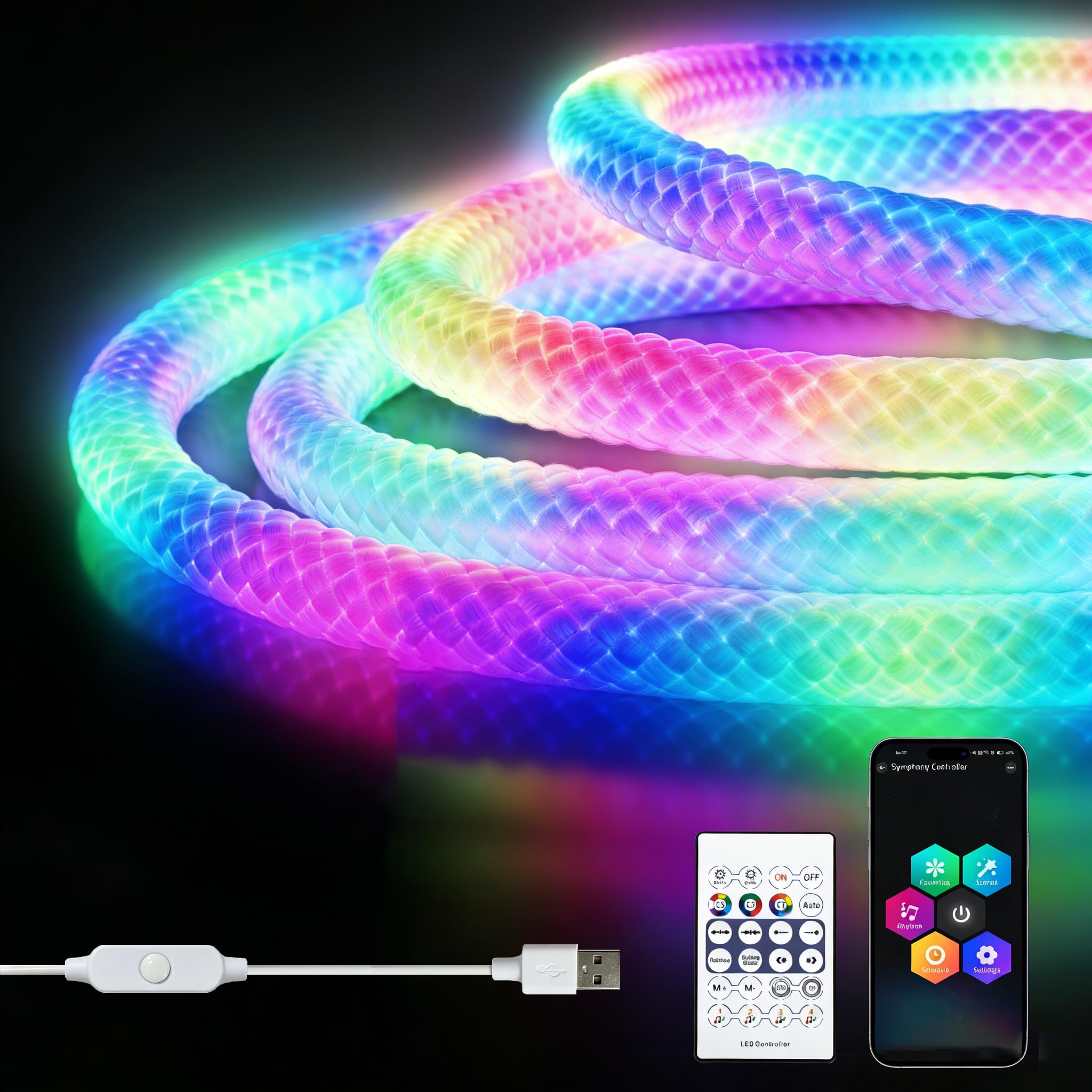 Neon Ruban LED 5M, 5V USB Bande LED 360 Degrés Ronde RGB+IC