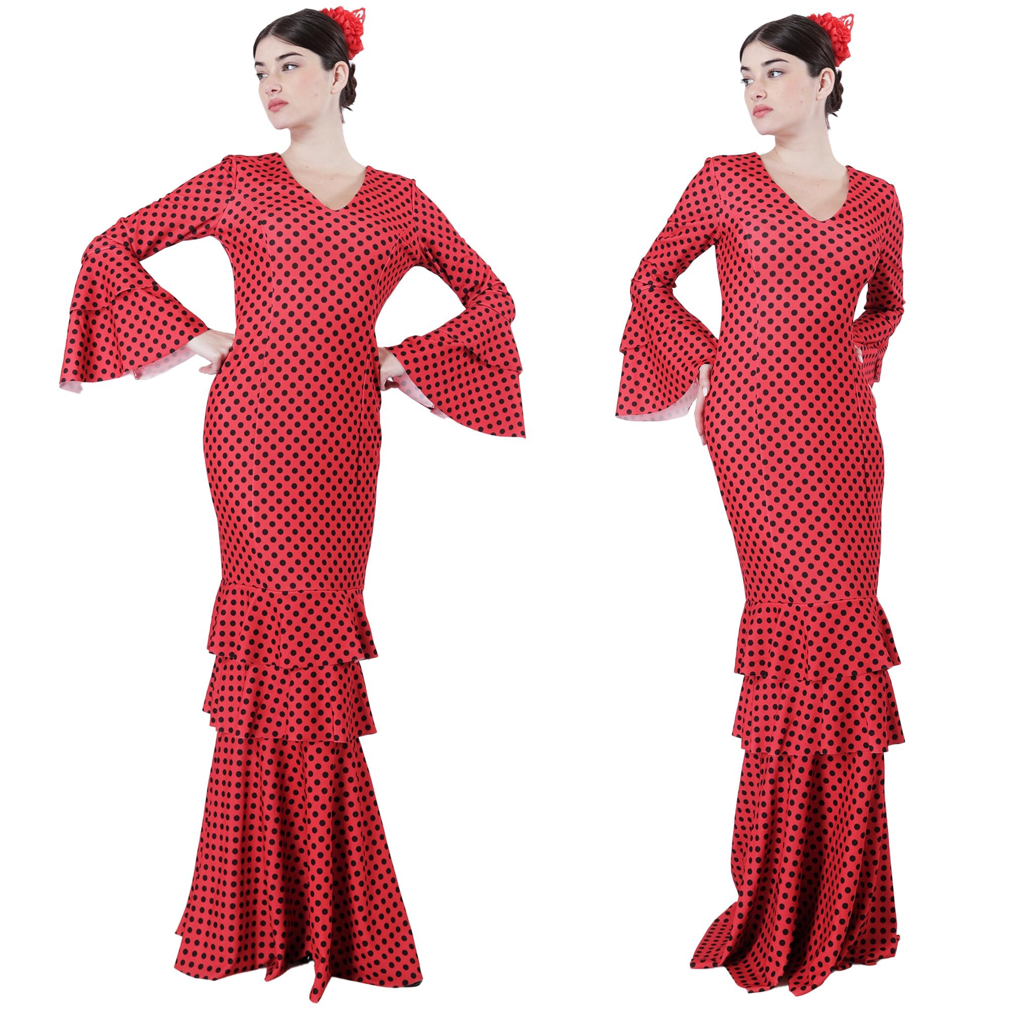 Vestido sevilliana Disfraz de Flamenca para Mujer, Traje de Sevillana Gitana Andaluz con Lunares Ideal para Feria de Abril y Carnaval