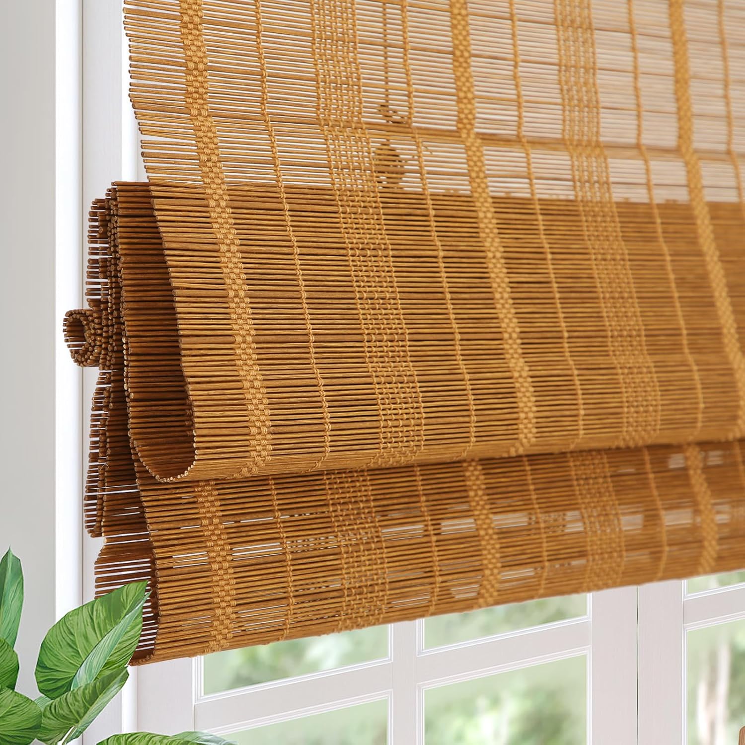 Comzone Blinds Cordless Blackout Bamboo Roman Shades, Easy Control