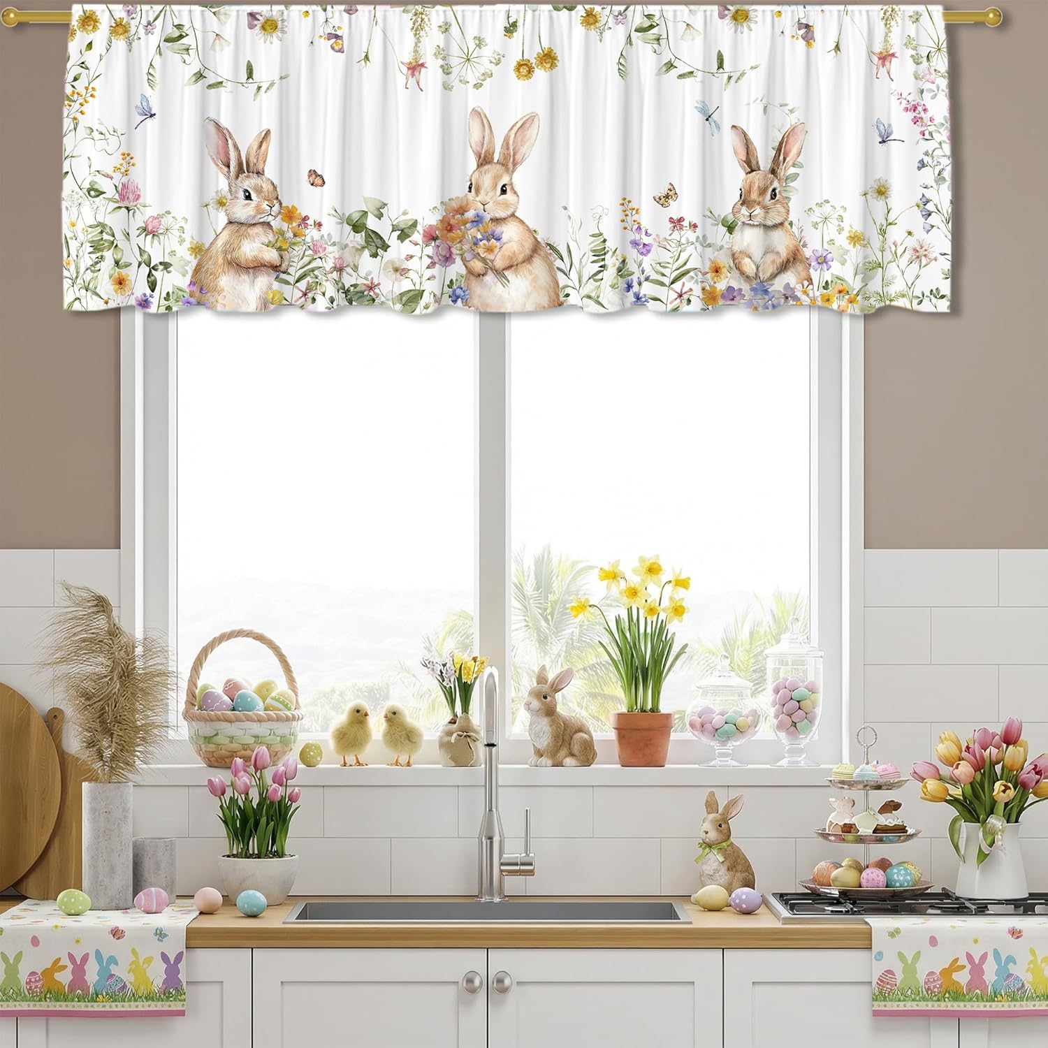 Easter Bunny Valance for Windows, Easter Eggs Flowers Kitchen Decor Valance Curtain Rod Pocket Classic Country Farmhouse Decorations 18x54 Inch Window Treatment for Bathroom Living Room