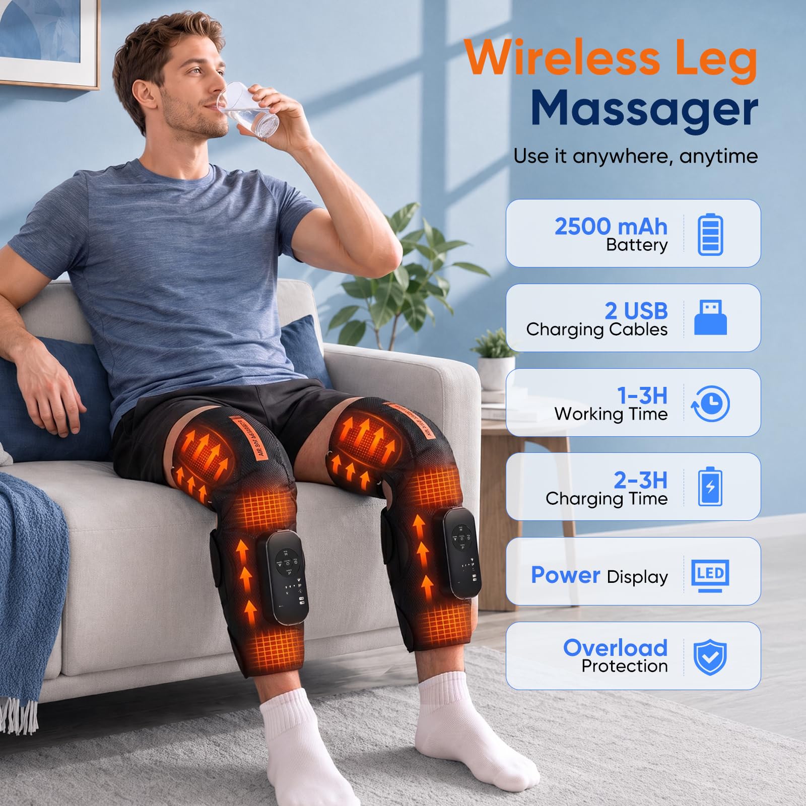 Kabelloses Beinmassagegerät mit Heizung, 2 Airbags Luftkompressionsmassage für Oberschenkel Knie Waden, 4 Modi 5 Intensitäten 3 Heizstufen, EMS-Vibration, HD-Bildschirm, 2500mAh Akku