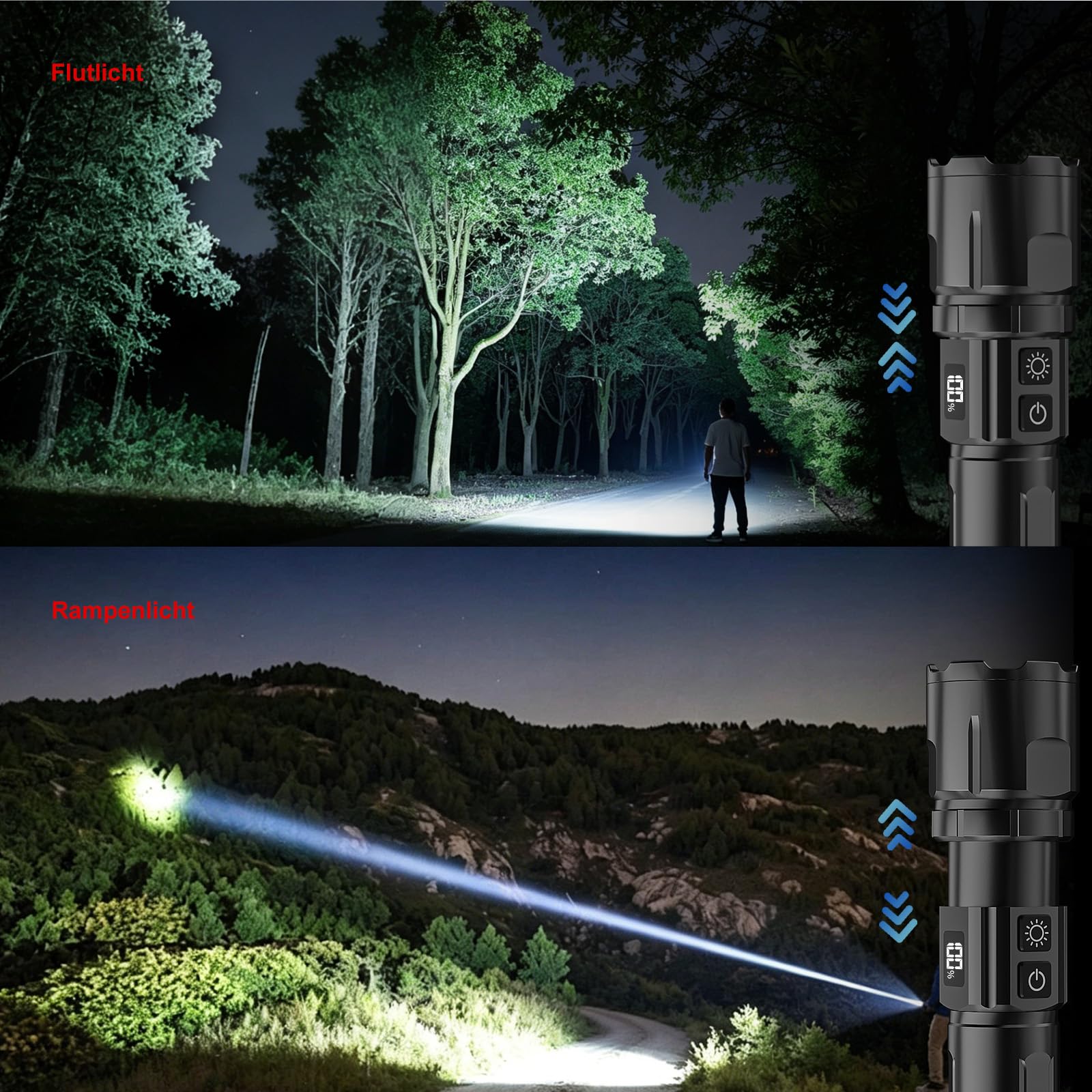 Shadowhawk Taschenlampe Led Aufladbar 2-Stück | Taktische Taschenlampe (2 Schalter) 500000 Lumen Extrem Hell, Bis zu 1000m Reichweite, 12h Laufzeit für Camping/Outdoor/Wandern, Anpassbare Helligkeit
