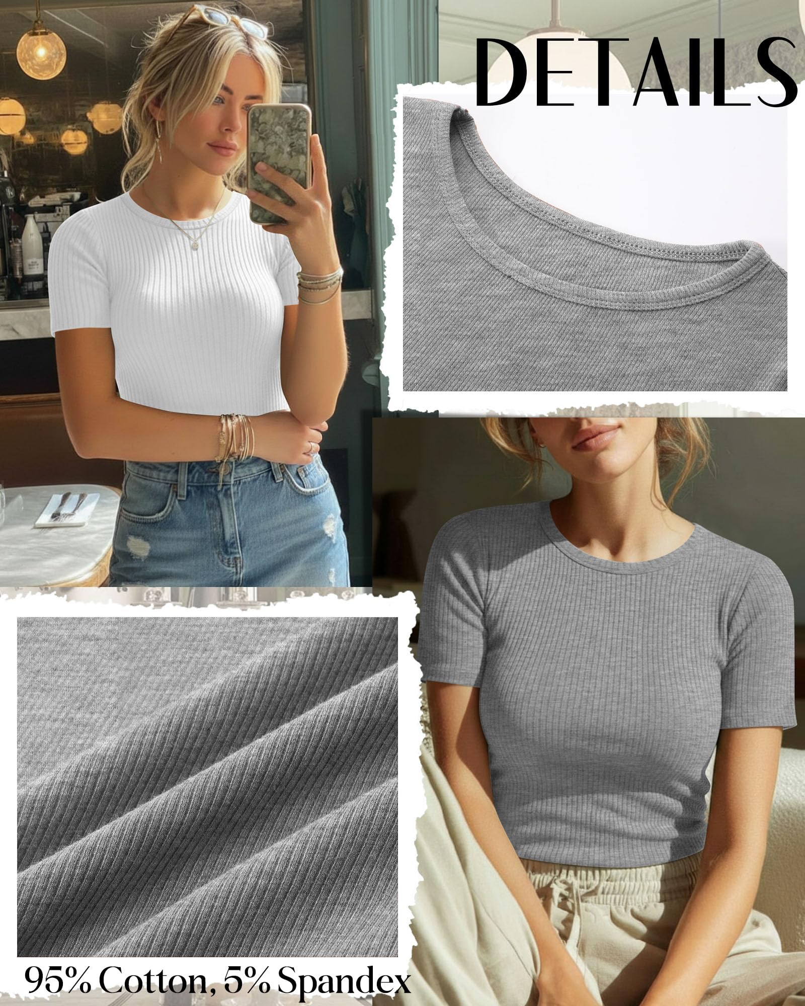 Neer Lot de 4 t-shirts côtelés en coton à manches courtes pour femme - Hauts basiques et col rond - Chemises décontractées d'été tendance 2026