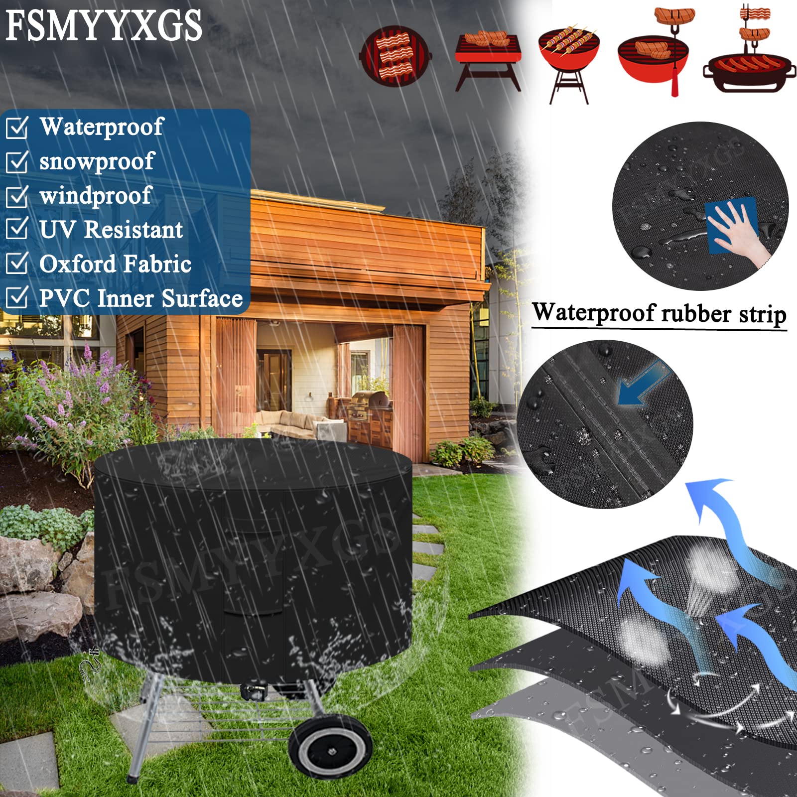 Copertura rotonda resistente per braciere impermeabile in tessuto Oxford 600D, resistente ai raggi UV e antivento, con prese d'aria per barbecue all'aperto, protezione per barbecue, adatta a 127 cm di