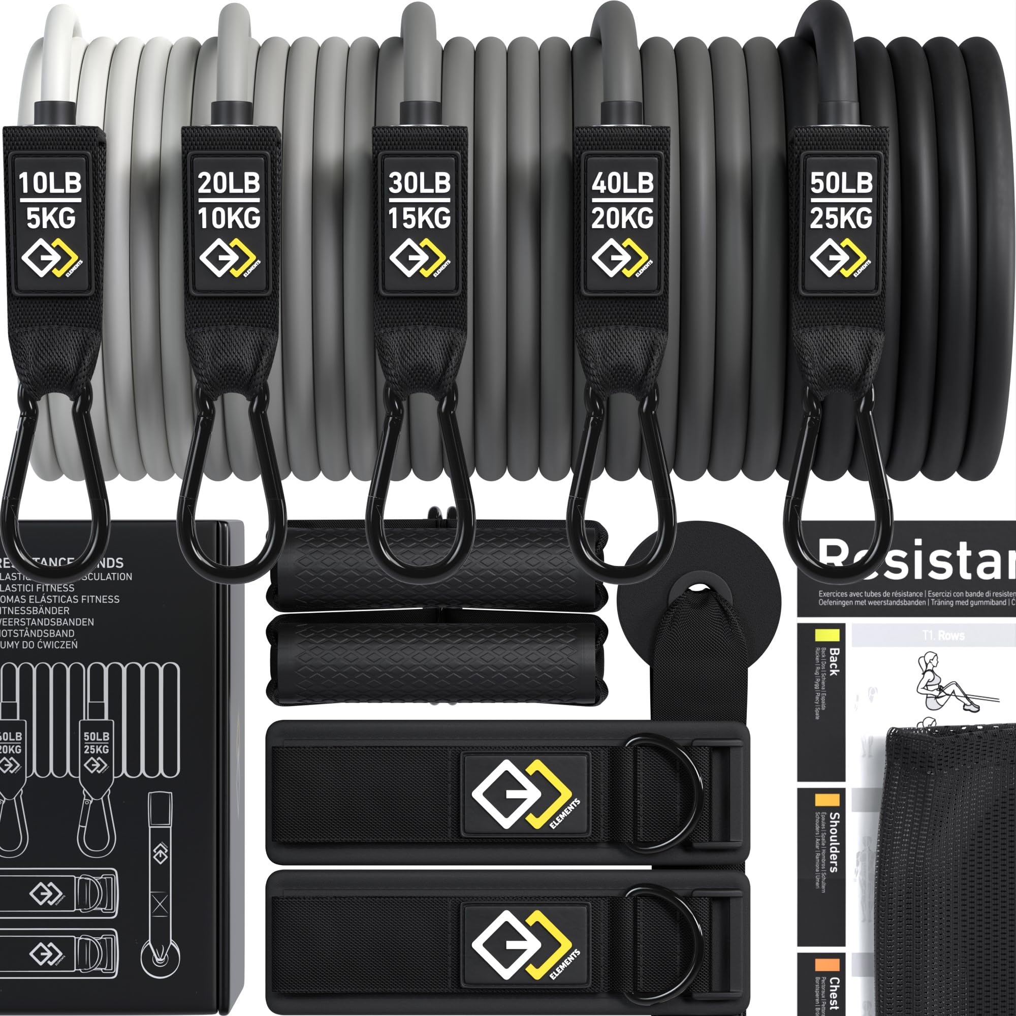 Fashnex Set Fasce Elastiche Resistenza 5 Pezzi (fino A 45kg) Con Manici, Ancoraggio E Custodia - Per Fitness, Yoga E CrossFit