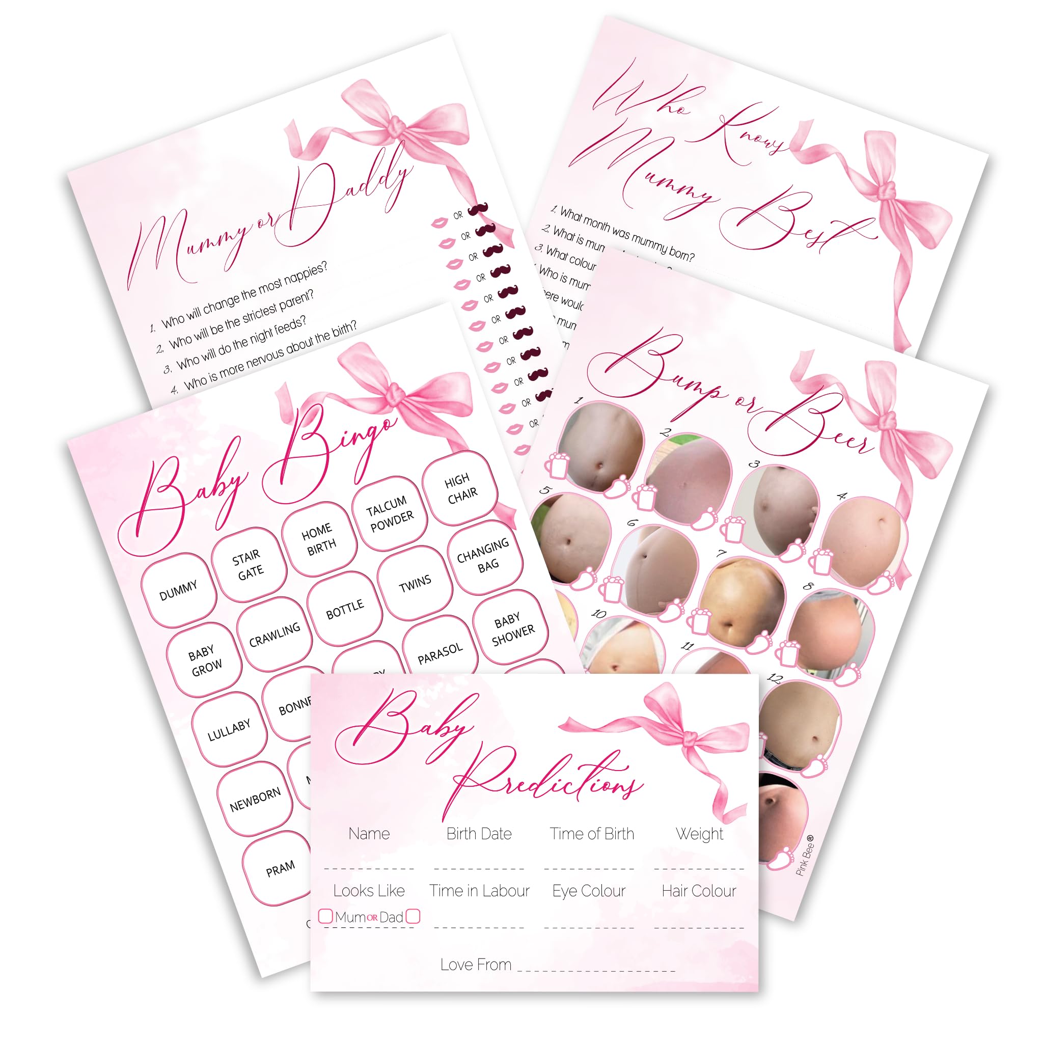 Baby Shower Games Bundle, Pretty Pink Bow Theme, Baby Bingo, Baby Predictions, Who Knows Mummy Best, Mummy or Daddy and Bump or Beer Belly, 5 Fun Games for 10 Guests