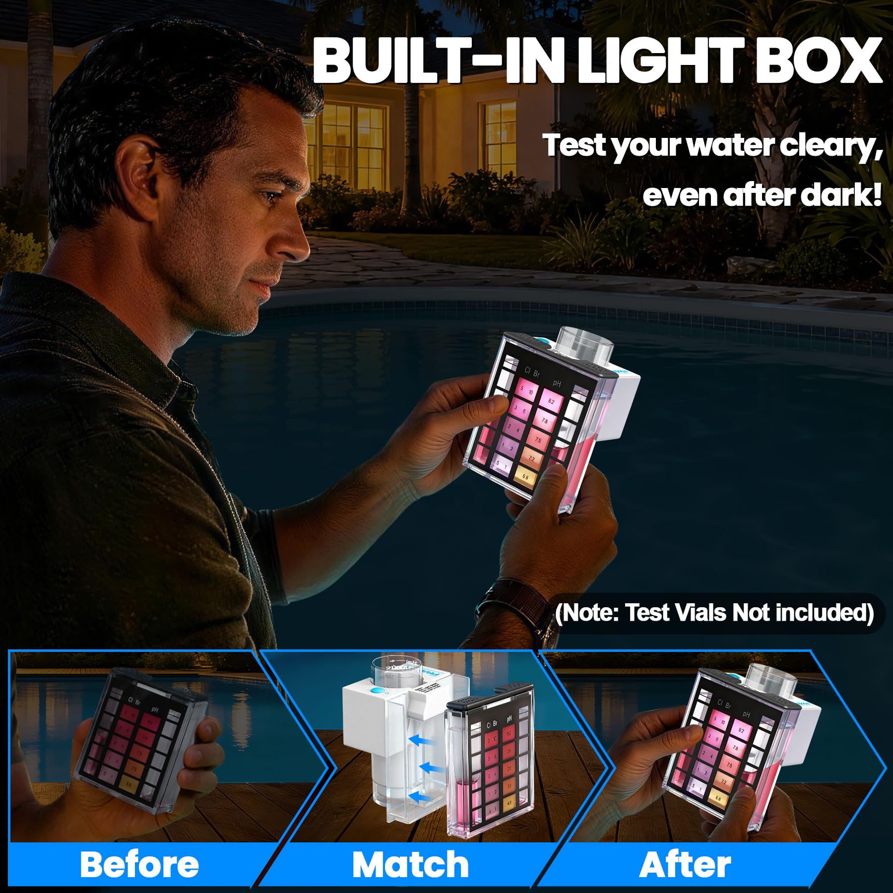PRAXXIS Kit per test di chimica dell'acqua della piscina, scatola luminosa a scatto, agitatore magnetico automatico integrato, miscelatore magnetico con controllo a pulsante, kit di test dell'acqua