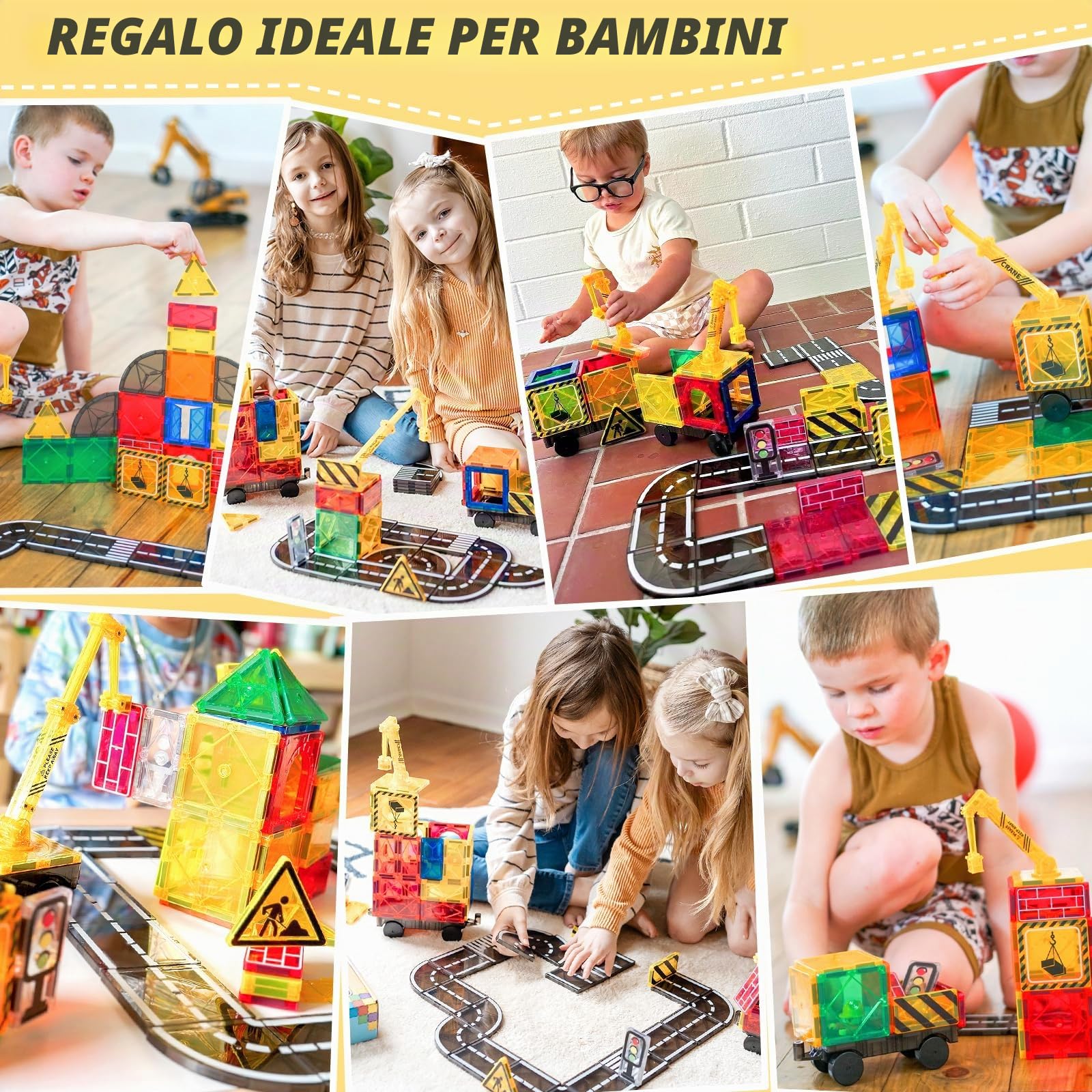 Set di Piastrelle Magnetiche con Gru Estensibile per Bambini STEM età Prescolare 4-6 5-7, Giocattoli per Costruzione di Città, Regali dai 3 Anni in Su
