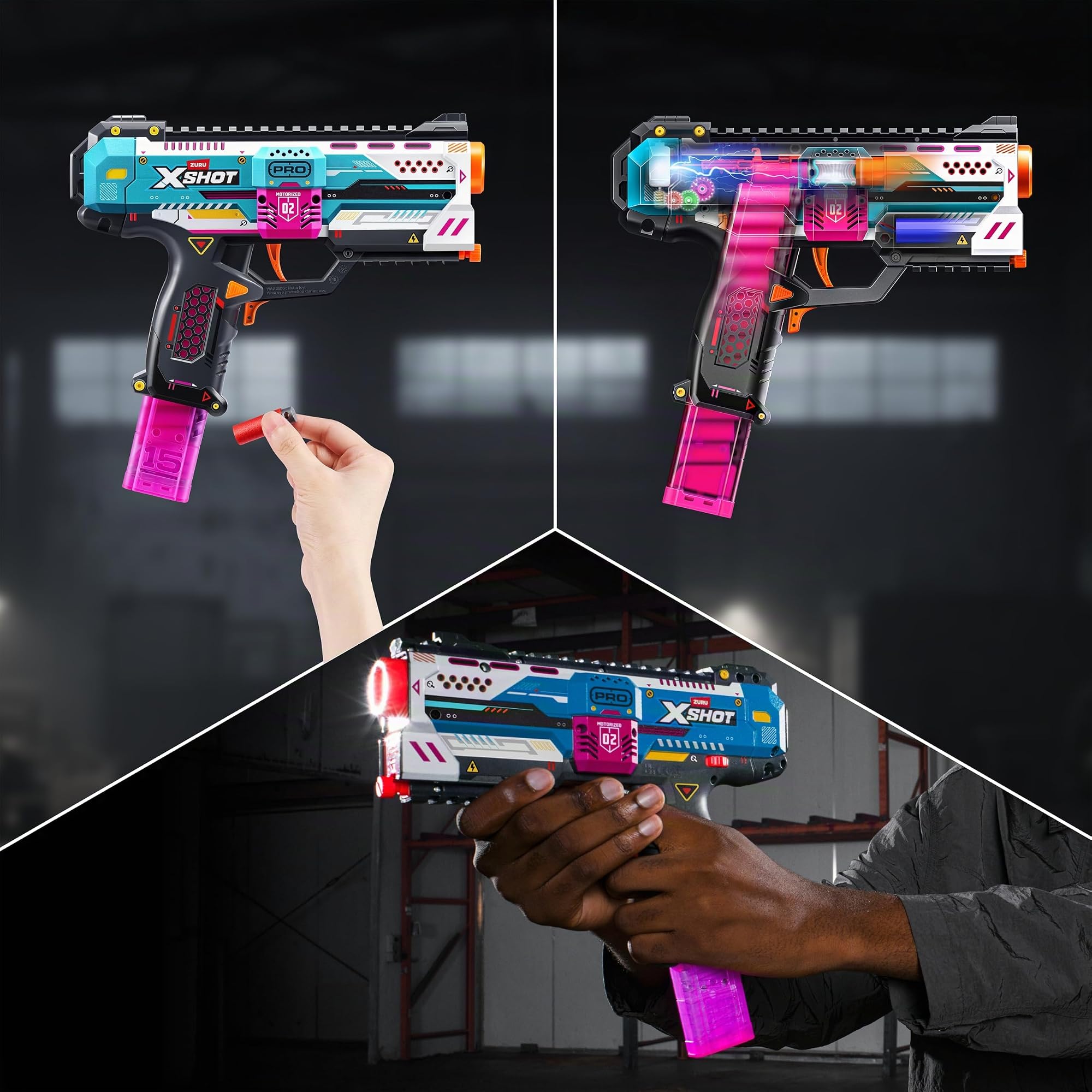 XSHOT SKINS Serie Pro Motorized Thrasher di ZURU – Blaster a dardi di gommapiuma con 30 Dardi Air Pocket Technology, plastica alimentato a batteria per gioco all'aperto, per bambini, 14 anni