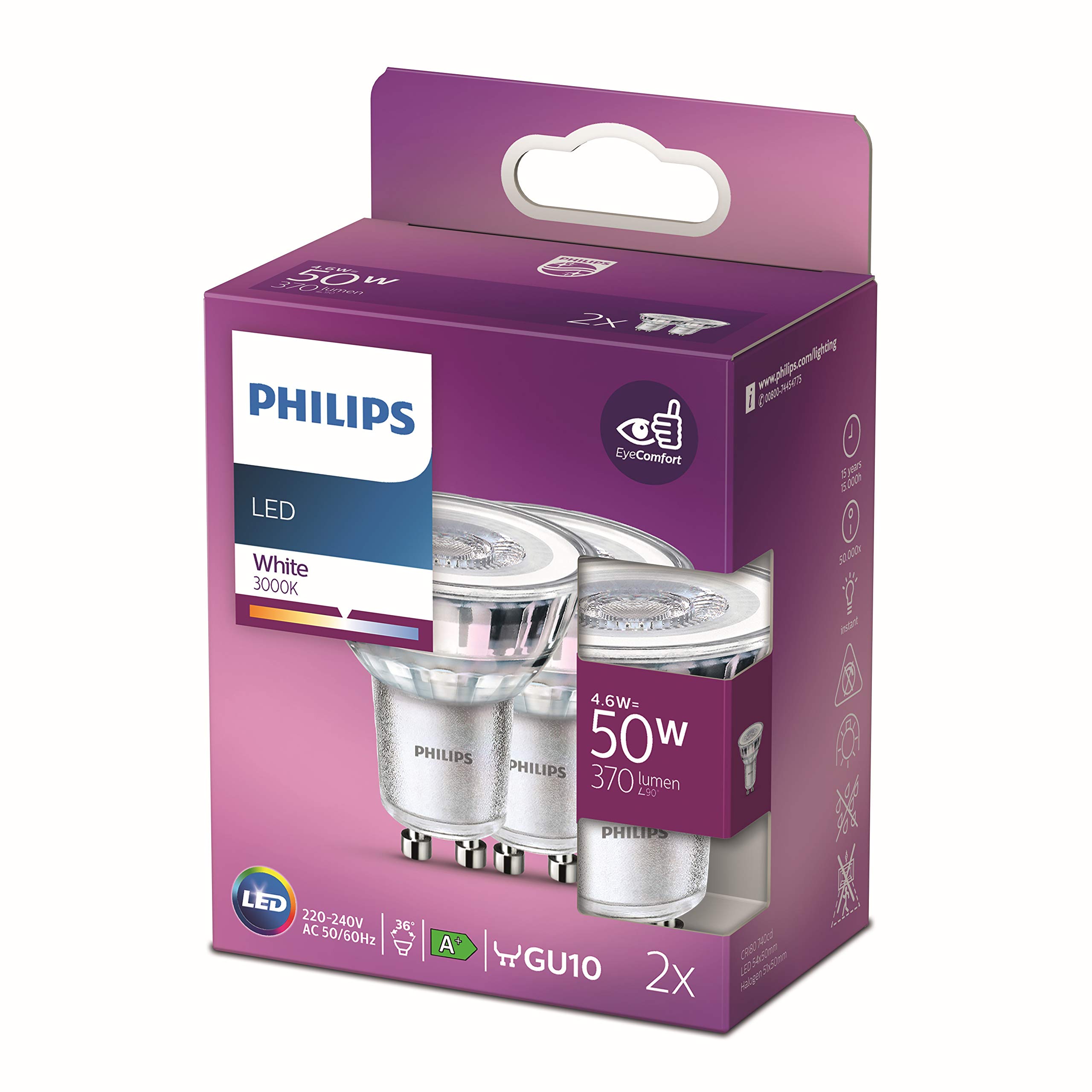 Philips żarówka LED Classic GU10, 50 W, reflektor, srebrny, neutralna biel, 2 sztuki w opakowaniu