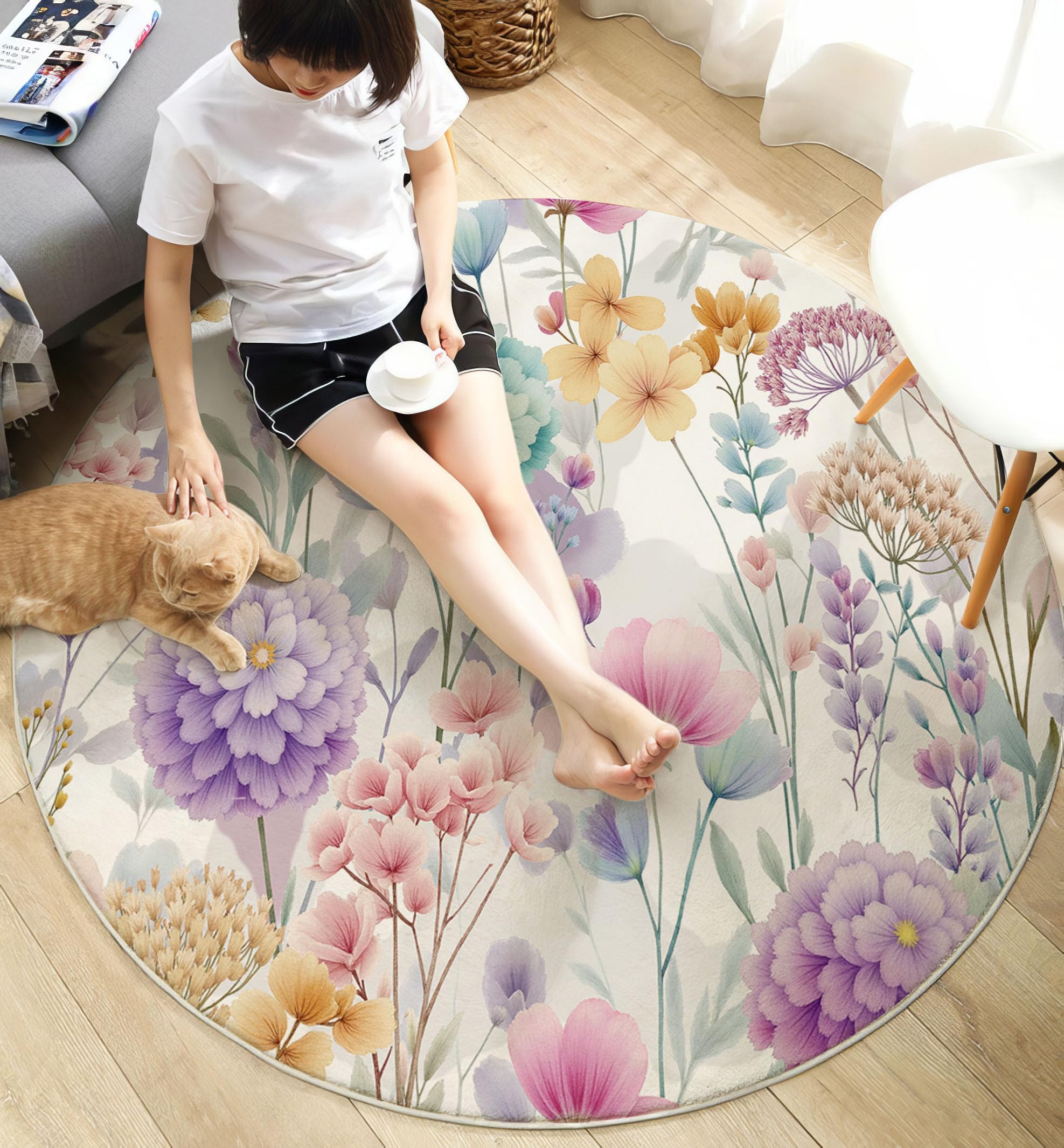 Tapis rond lavable machine poil bas motif fleurs aquarelle doux