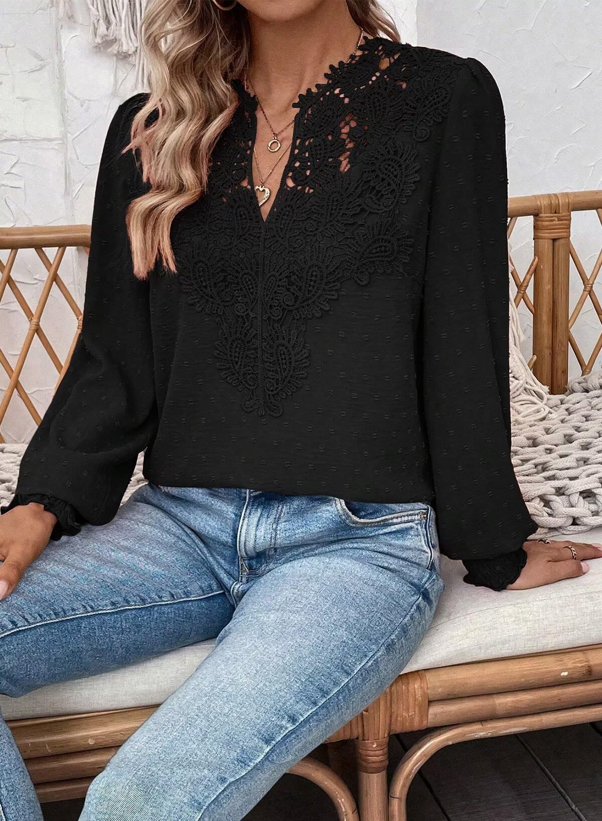 Womens Tops V Neck Boho Long Sleeve Shirts Swiss Dot Chiffon Blouses Flowy Lace Crochet Clothing Casual Trendy Tunic