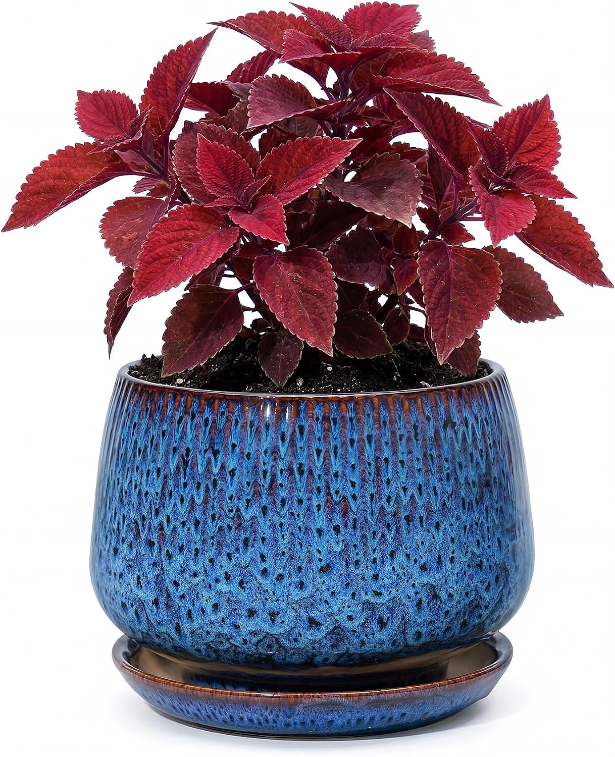 7.5 Inch Ceramic Planter with Saucer,Modern Garden Pots with Drainage Hole Mesh Net, for Indoor Outdoor Use (Speckle Blue)