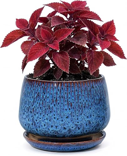 7.5 Inch Ceramic Planter with Saucer,Modern Garden Pots with Drainage Hole Mesh Net, for Indoor Outdoor Use (Speckle Blue)