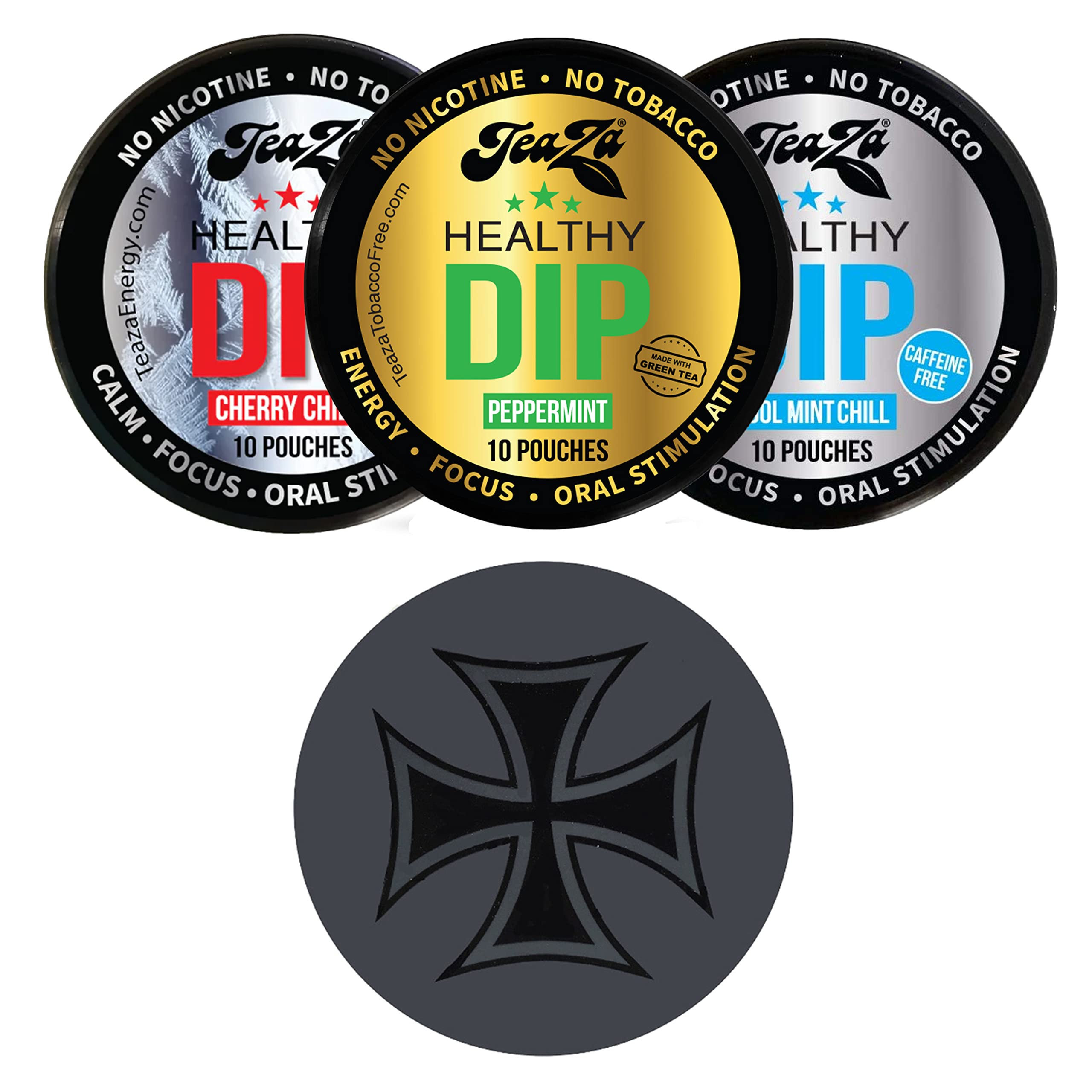 TeaZaHerbal Energy Pouch Peppermint, Cherry Chill, Cool Mint 3 Can Variety Pack with DC Crafts Nation Skin Can Cover - Iron Cross