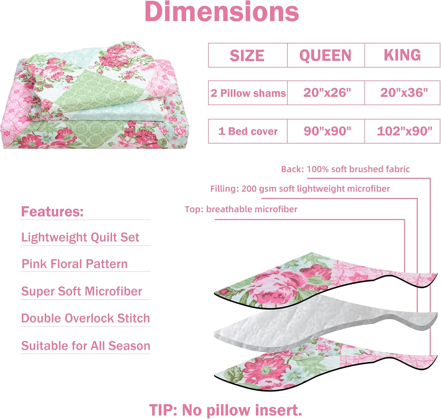 Cmfshape Summer Floral King Quilted Bedspread,Romantic Pink Quilt Set,Reversible Stitched Bedding Set All Season,Soft Lightweight Coverlet with Pillow Cases (Pink&Green, King102 x90) - Image 5
