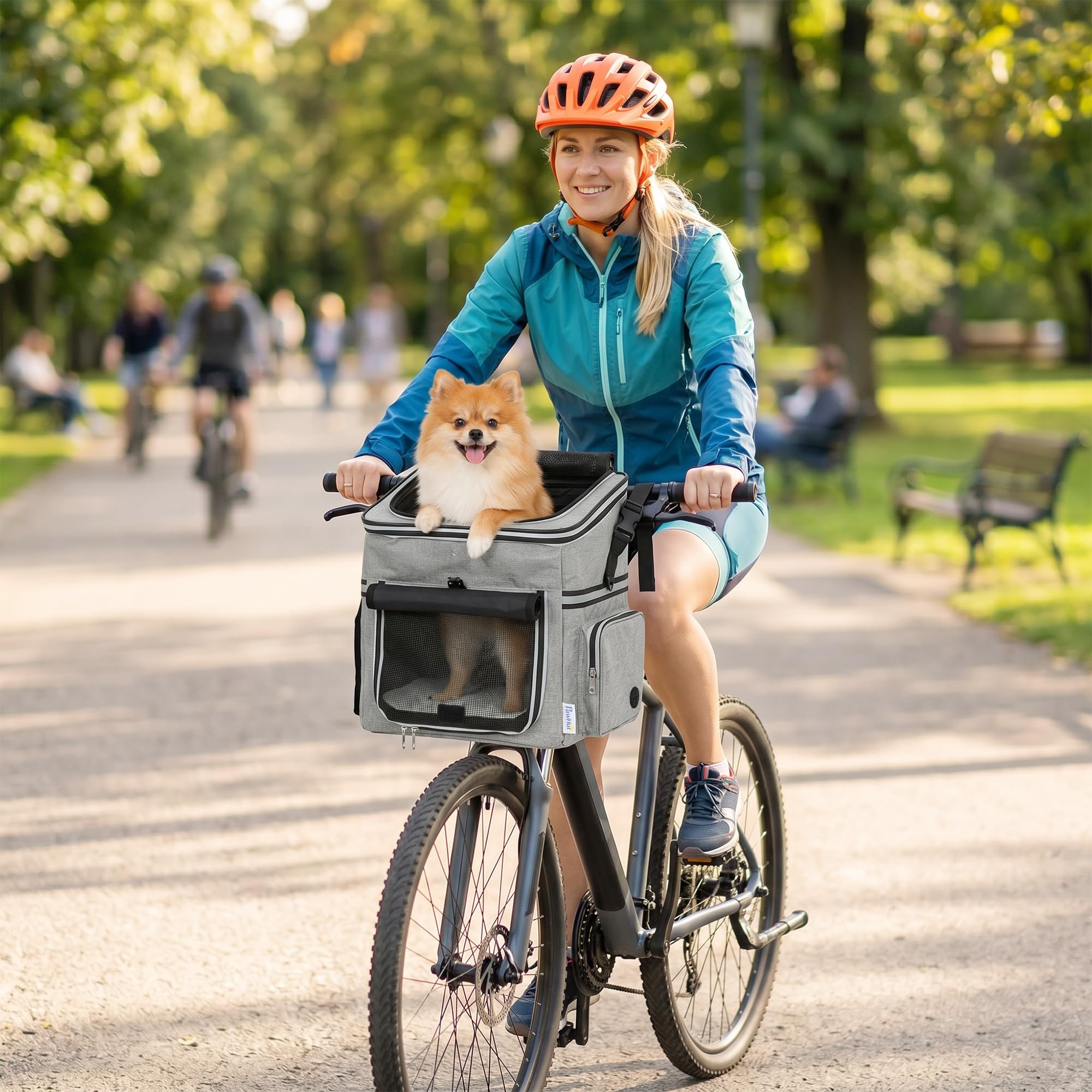 PawHut Cestello da bicicletta Anteriore per Cani Gatti, Cestino Bici Anteriore Portatile con Guinzaglio di Sicurezza, Base Rigida Rimovibile, Coperchio Staccabile, Cuscino Soffice, Finestre e Porta