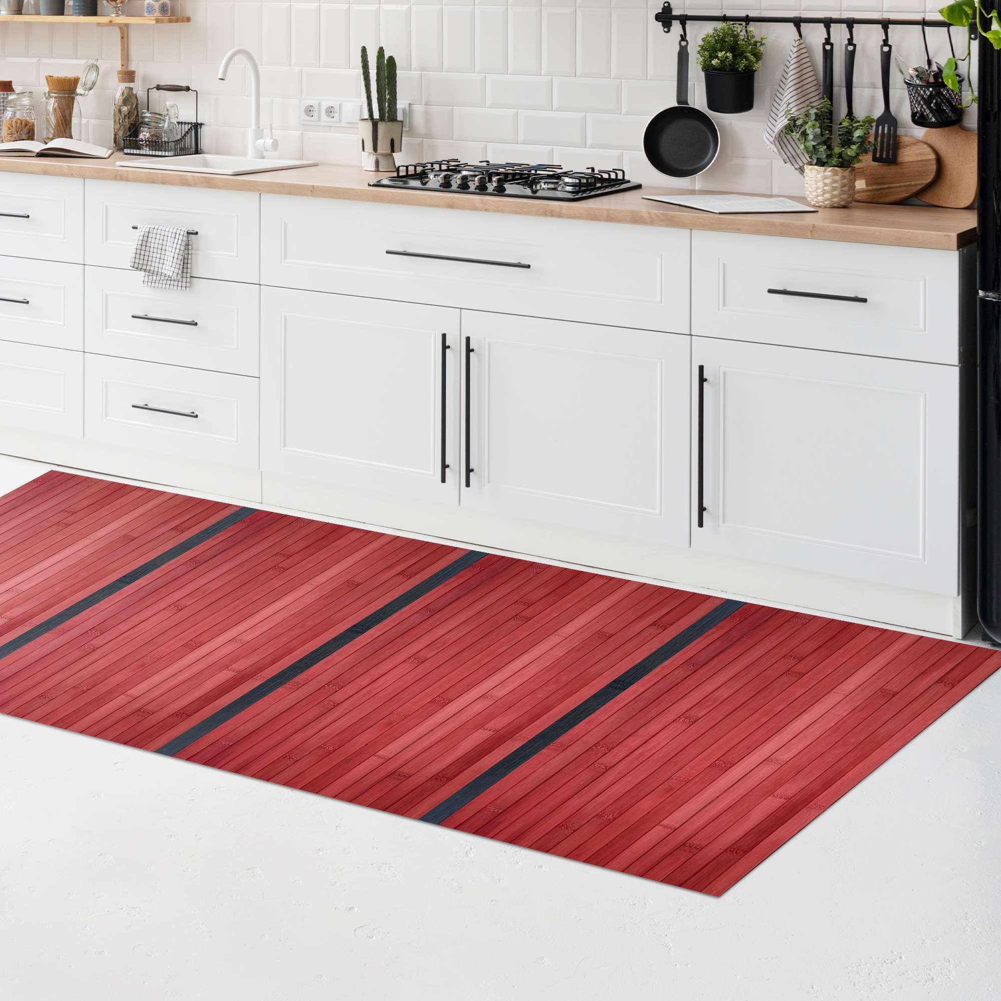 CosìCasa Alfombra de bambú para cocina, de madera natural ecológica, antideslizante, lavable, perfecta para el baño, para la cocina o para la entrada interior, 50 x 125 cm, rojo/negro
