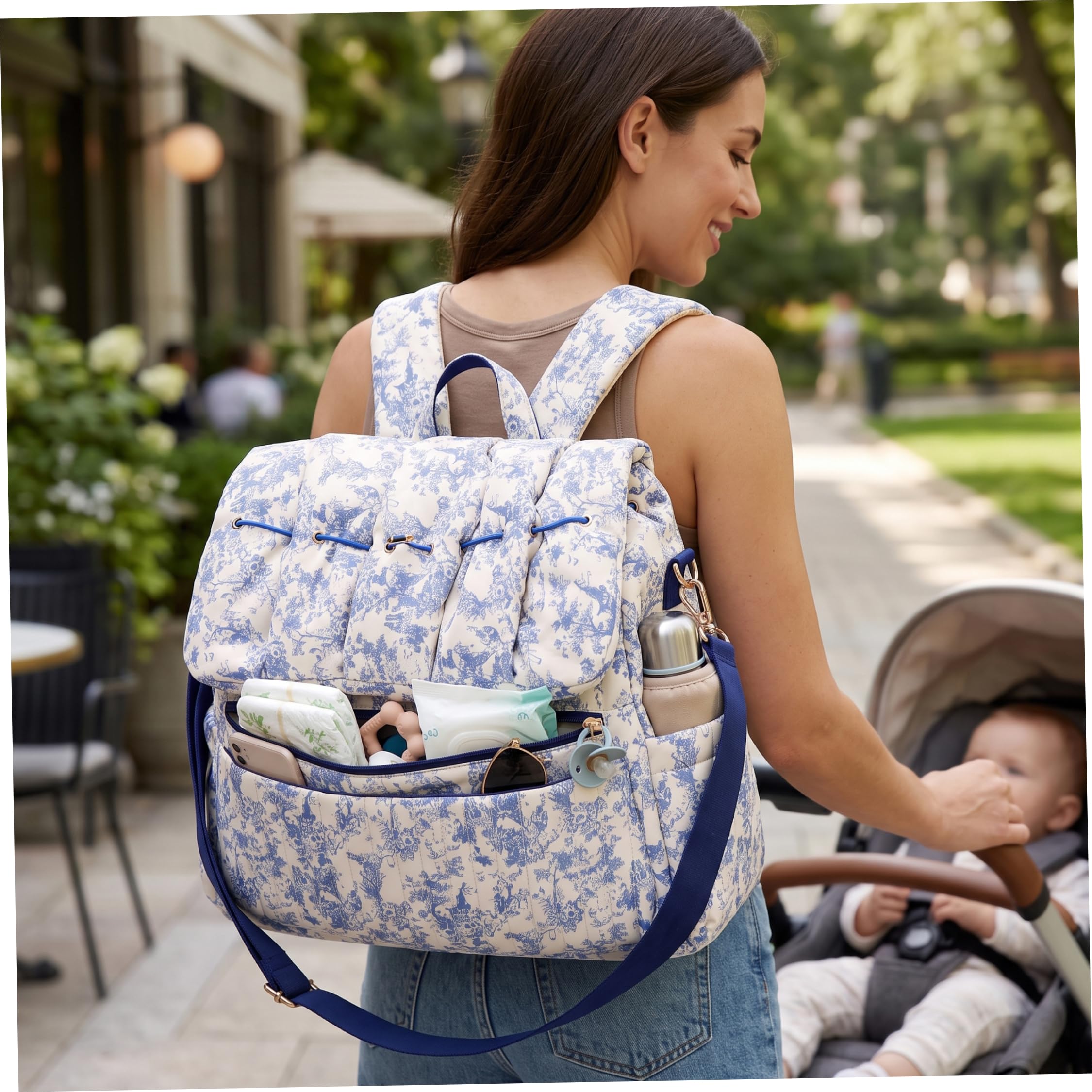 Bolsa de pañales acolchada, linda mochila para pañales con almacenamiento dividido, azul