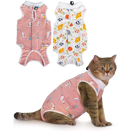 ANWA 2 Pack Cat Recovery Suit - Breathable Cat Onesie for Cats After Surgery Female, Kitten Surgery Recovery Suit Female Abdominal Wounds