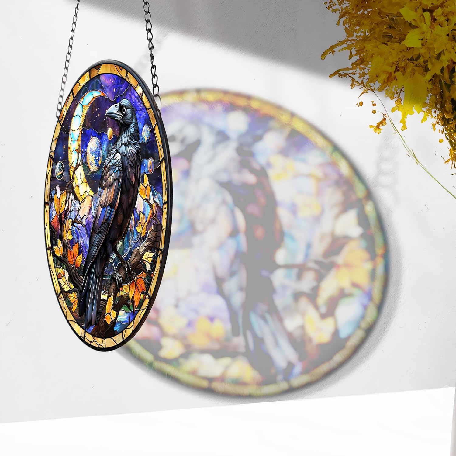 7.8'' Dark Crow Suncatcher Stained Glass Window Hanging Creepy Raven Ornament Wall Home Room Kitchen Decor Gothic Sun Catcher Gifts for Teens Adults Birthday Halloween Christmas Fall Holiday - Image 7