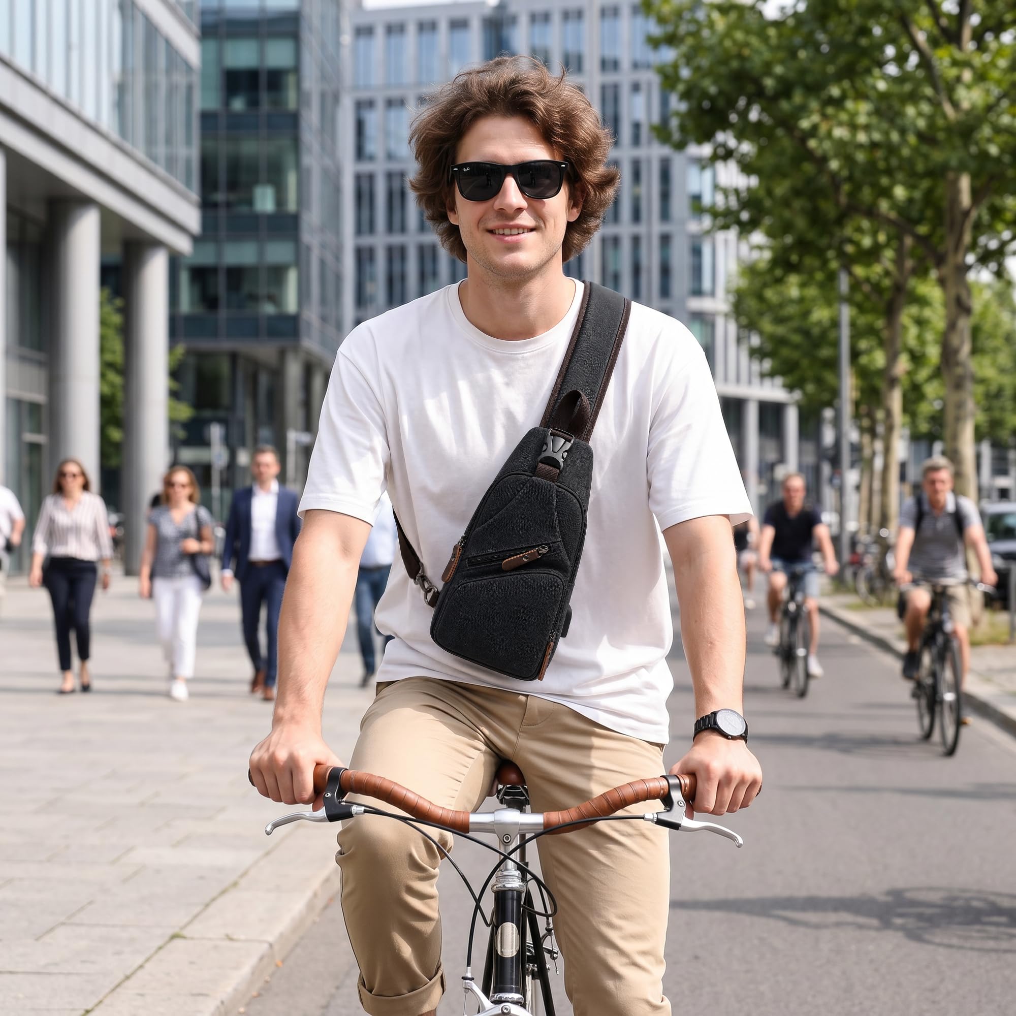 VARLIVOO Retrò Zaino Monospalla Uomo Zaini a Tracolla in Tela con Ricarica USB Pacco Petto Sportiva Borsello a Spalla Sling Bag Antifurto Zainetto Piccolo per Viaggio Campeggio Ciclismo Nero