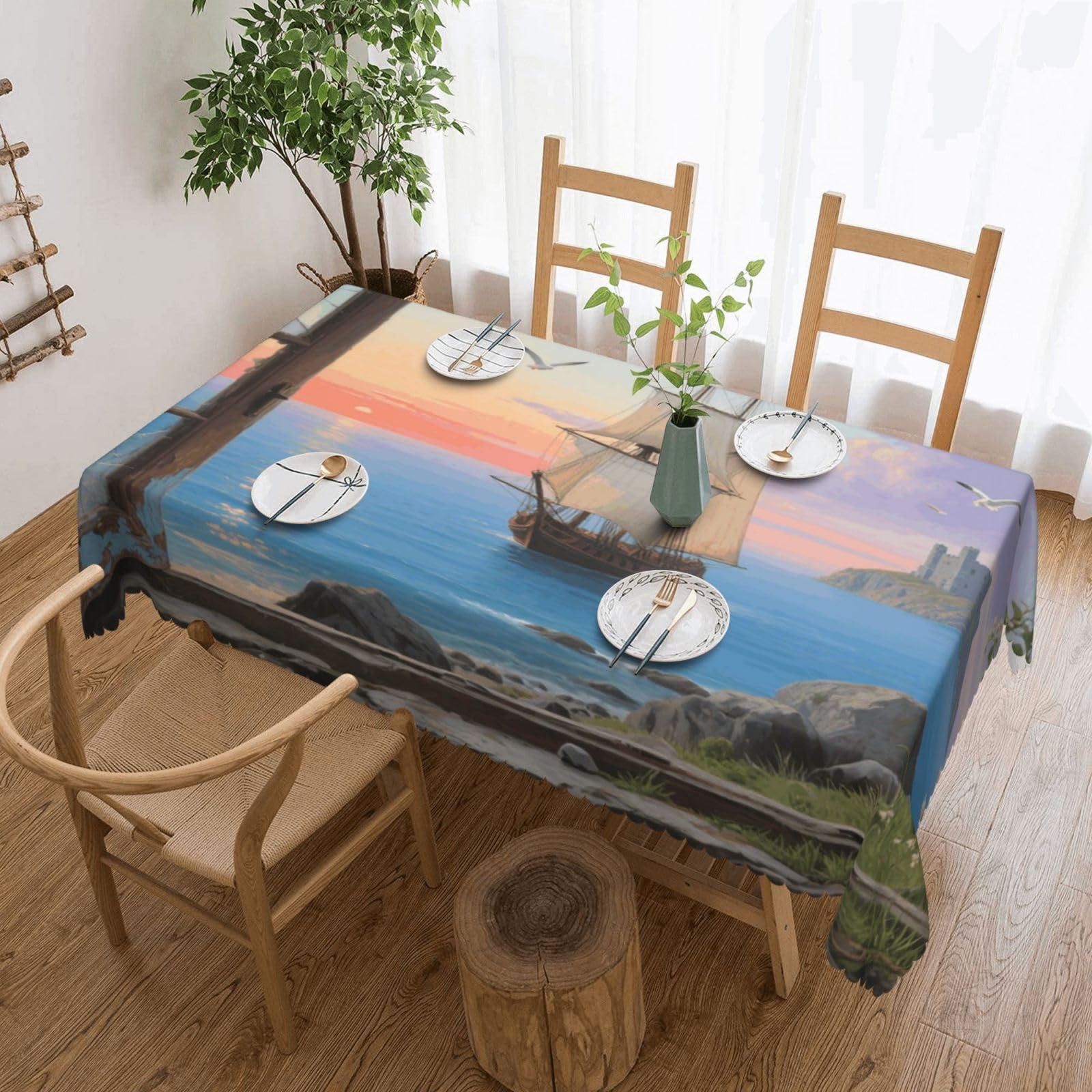 Rectangle Tablecloth 54 X 72 Inch, Classic Stain ‎resistant Table Cloth Reusable Washable Table Cover Window View Of Sailing Sailboat Tabletop Decor For Kitchen Dining Party Indoor Outdoor Use