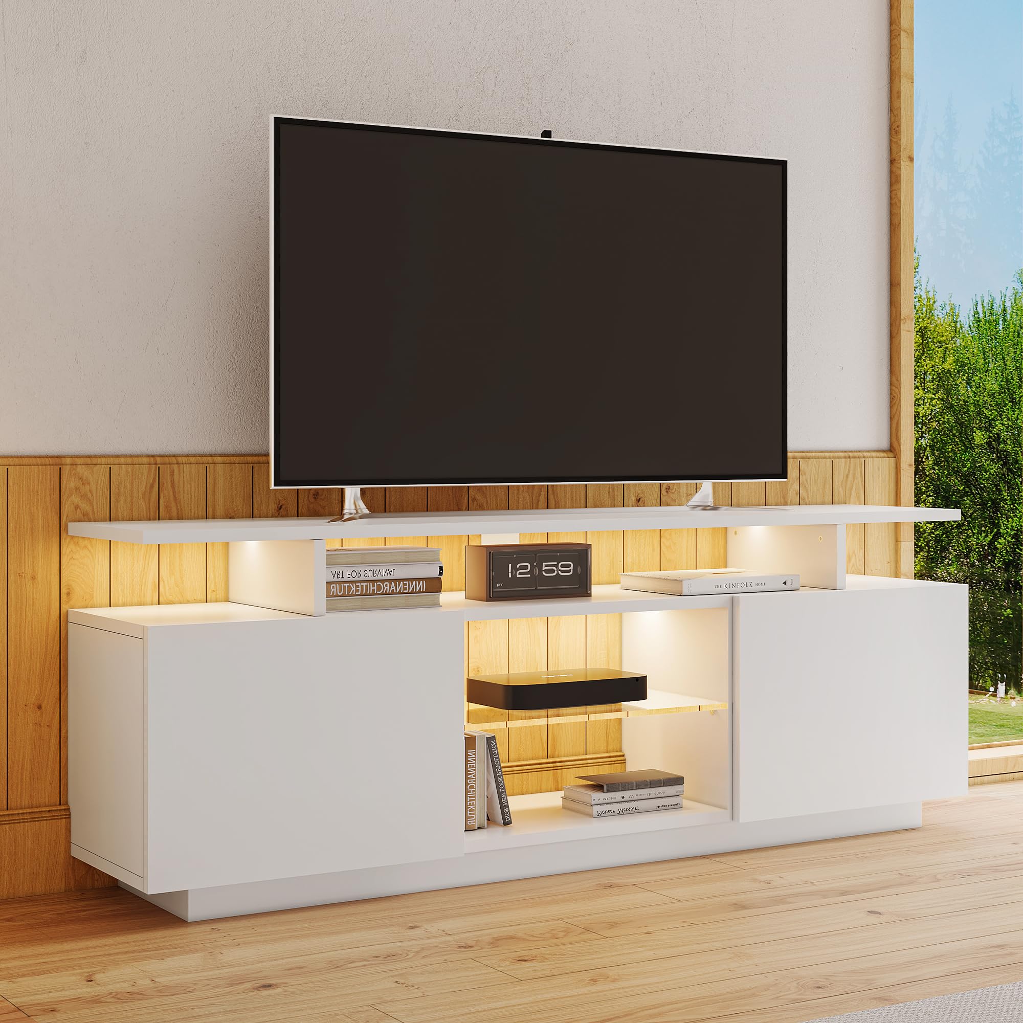 LAKFEW TV Schrank mit LED Leuchten, Lowboard Fernsehschrank mit 2 Türen und Glasfächer, TV Ständer Fernsehtisch Möbel bis zu 60 Zoll, Sideboard Wohnzimmer für Schlafzimmer, 140x35x55 cm, Weiß