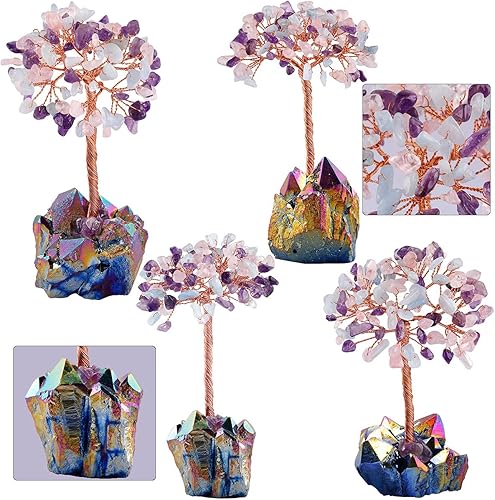 Miniatura 3 de Rockcloud - Árbol de dinero con cristal con revestimiento de titanio y cuarzo para la riqueza y la suerte, amatista y cuarzo rosa y aguamarina