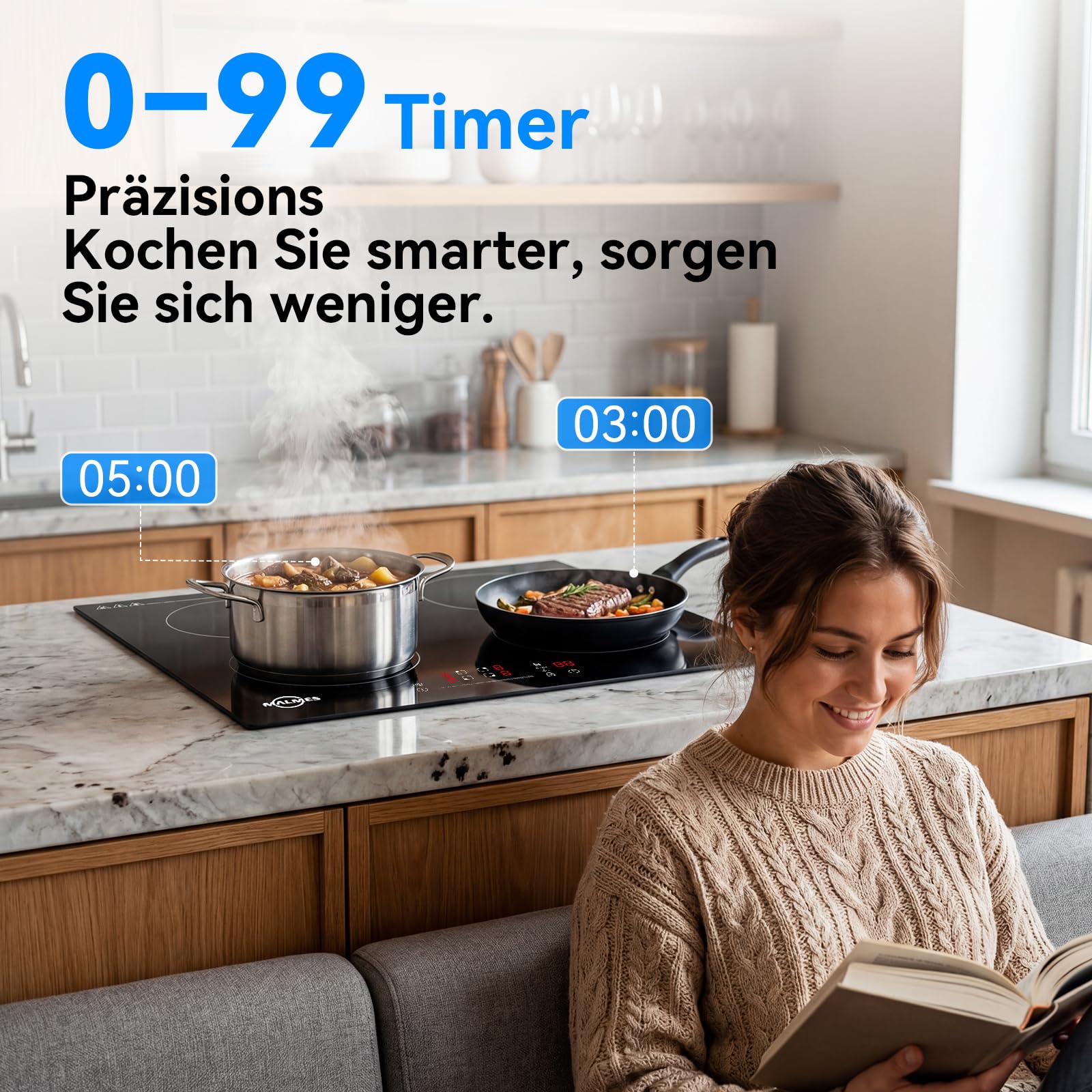 4 Platten Induktionskochfeld 60 cm, 7000W, Einbau Kochfeld Induktion | Power Booster Touch-Bedienung, 9 Leistungsstufen, Sicherheitsschloss, Touch-Bedienung, Zeitschaltuhr, D60474H2