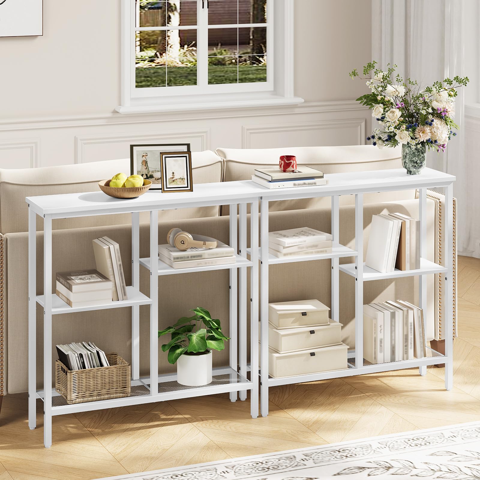 HOOBRO Tavolo Consolle Ingresso, Tavolo da Divano, a 4 Ripiani, Stile Industriale con Ripiani di Rete Metallica, per Ingresso, Soggiorno, Corridoio, Bianco EWW79XG01