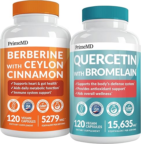 Suplemento de berberina 21 en 1 con cromo de canela de Ceilán, melón amargo y extracto de té verde (120 unidades) y quercetina 28 en 1 con