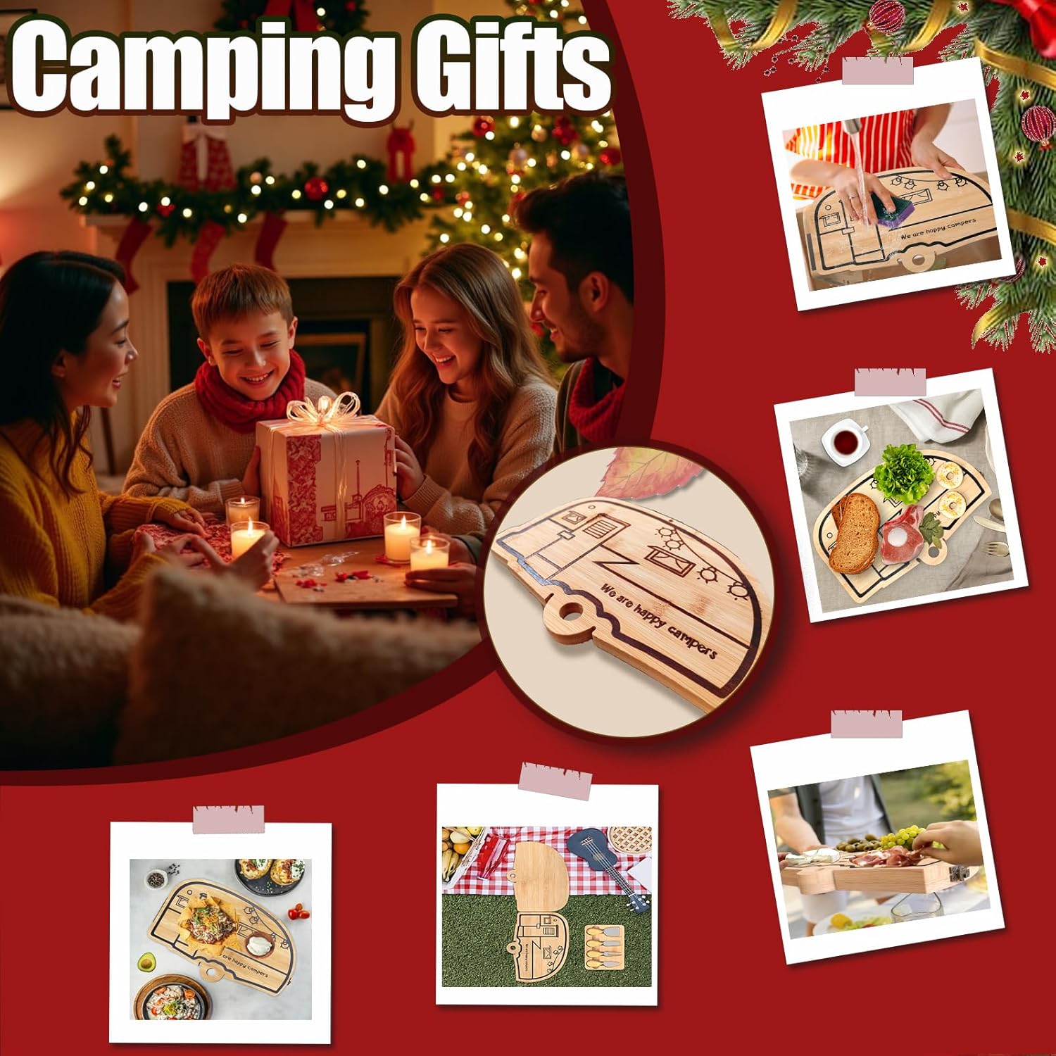 RV Cutting Board Campsite Retro Happy Camper Bamboo Wood Camper Chopping Board Perfect Funny Serving Tray for Vegetables Fruit Cheese, RV Camper gifts,Home Deco - Image 2