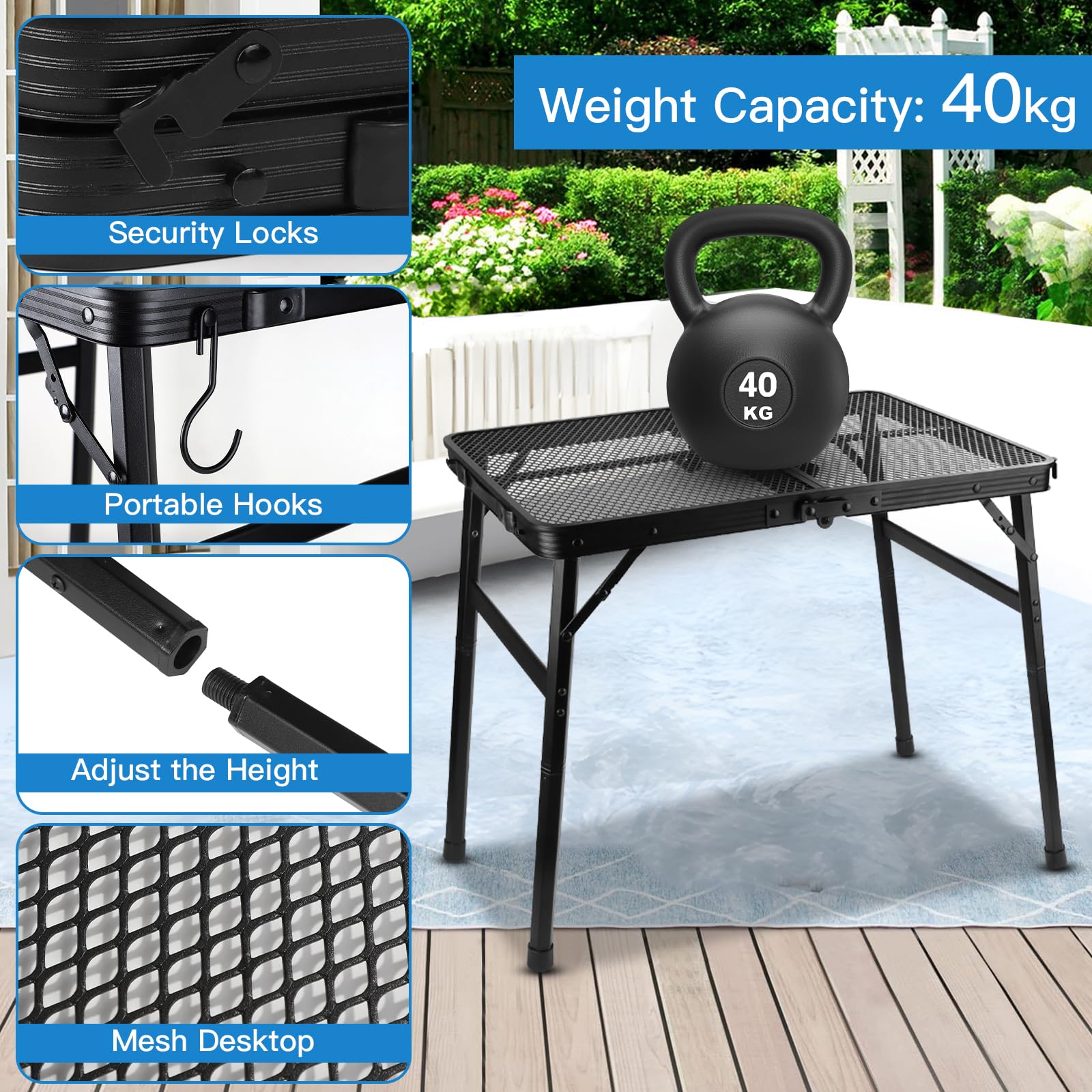 LALAGO 60x40cm Tavolo da Campeggio Altezza Regolabile 27/56cm, Piccolo Tavolo Bar Pieghevole con Scrivania in Rete, Tavolo Multifunzionale Portatile, Tavolo Sfondo Alluminio Nero per Giardino Picnic